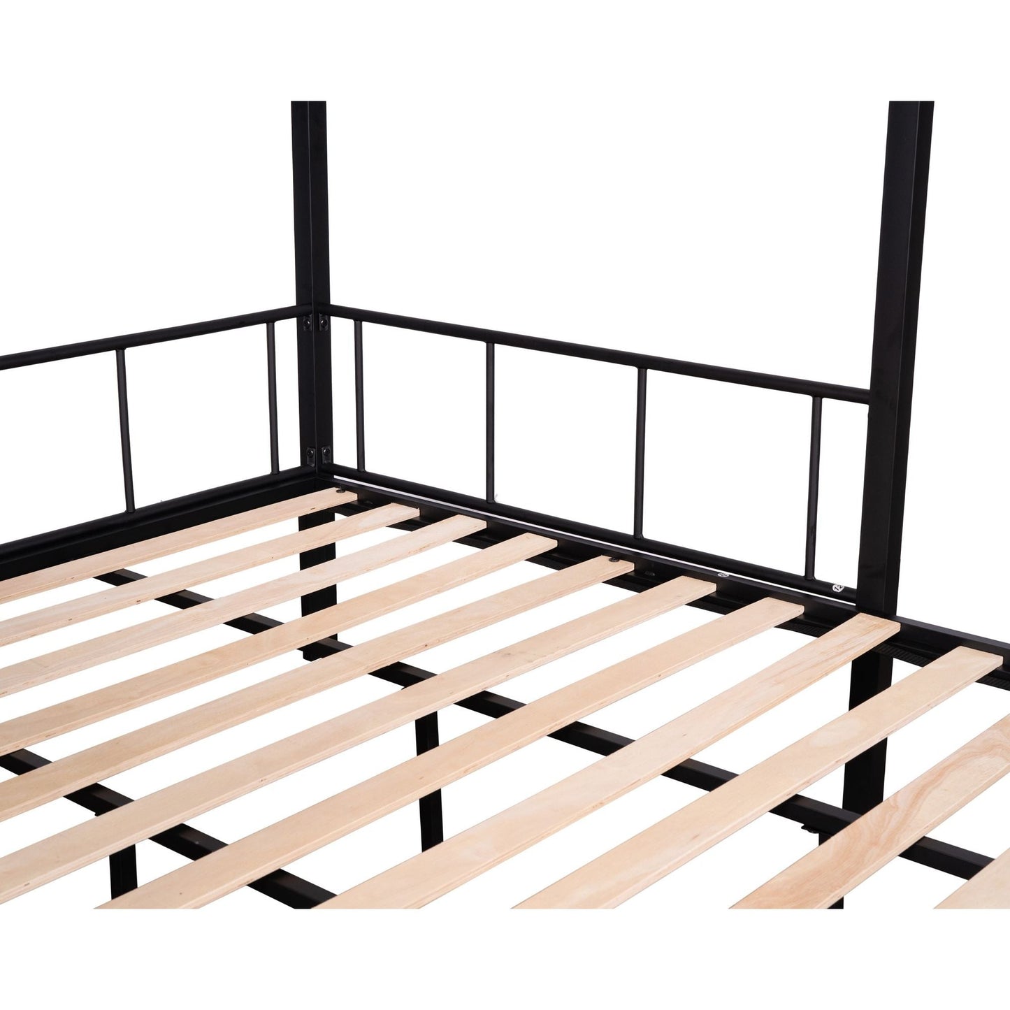 Heavy-Duty Twin Over Full Metal and Wood Bunk Bed with Shelves, Grid Panel, and Noise-Free Wood Slats, Black | Just Better Bunk Beds