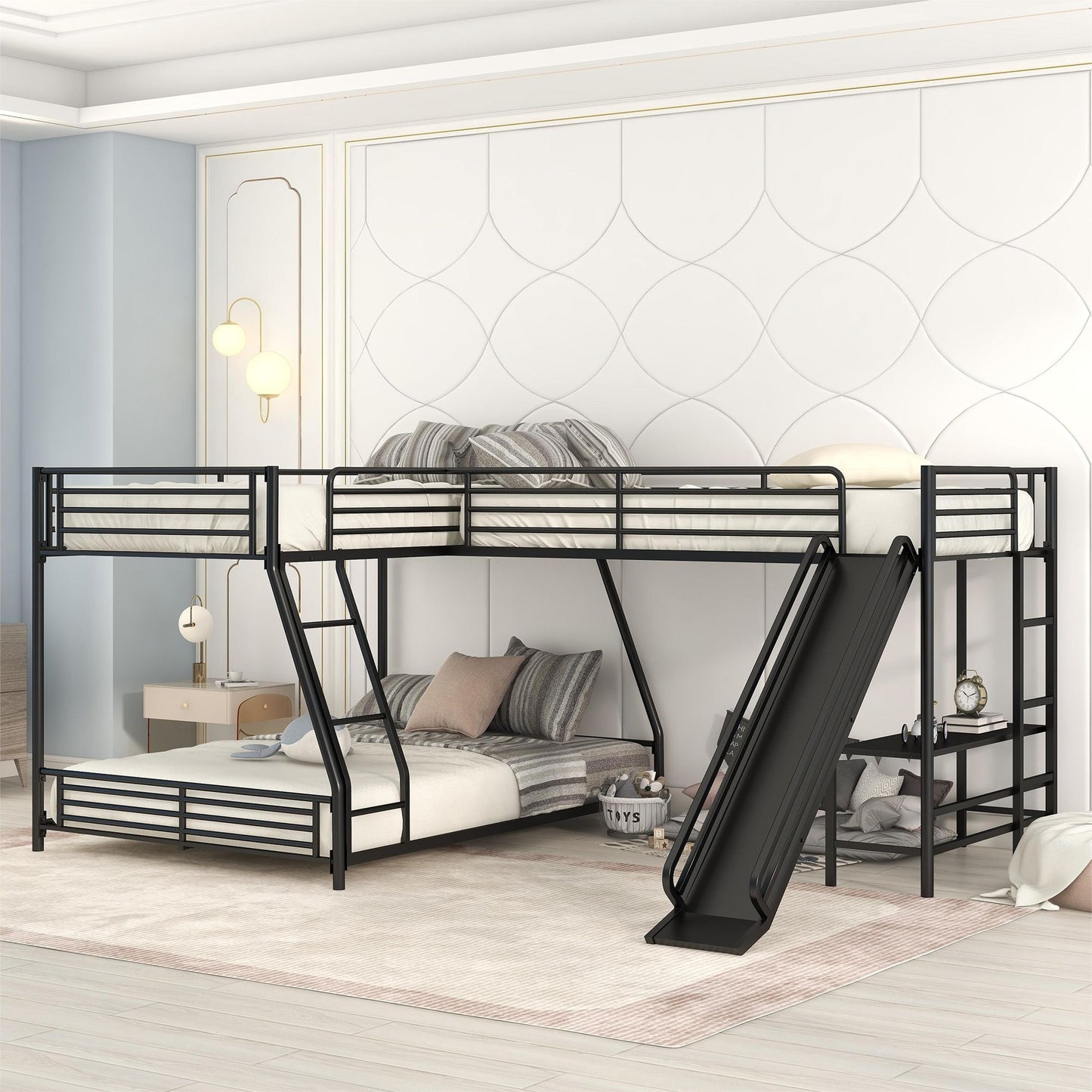 L-Shaped Twin over Full Bunk Bed with Twin Size Loft Bed, Built-in Desk and Slide, Black