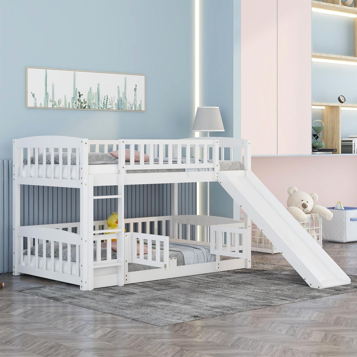 Kids Bedroom Twin Over Twin Wood Low Bunk Bed with Slide, Fence and Ladder, White | Just Better Bunk Beds