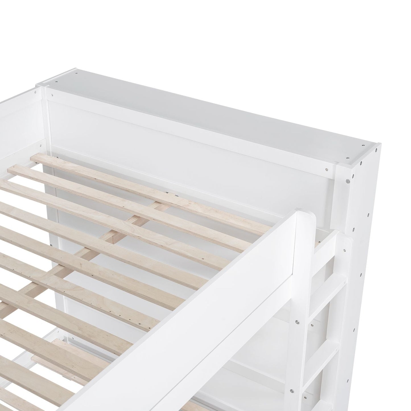Organized Full Over Full Wood Bunk Bed with 2 Drawers and Multi-Layer Cabinet, White | Just Better Bunk Beds