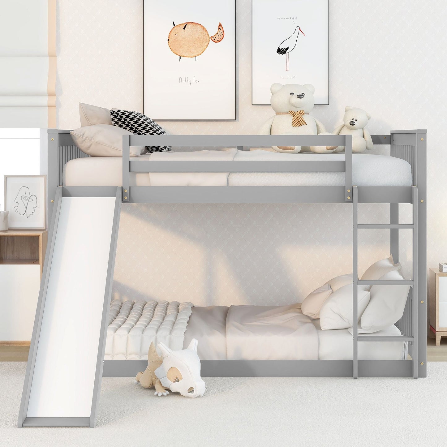 Space-Saving Full Over Full Wood Bunk Bed with Slide and Safety Guardrails, White | Just Better Bunk Beds