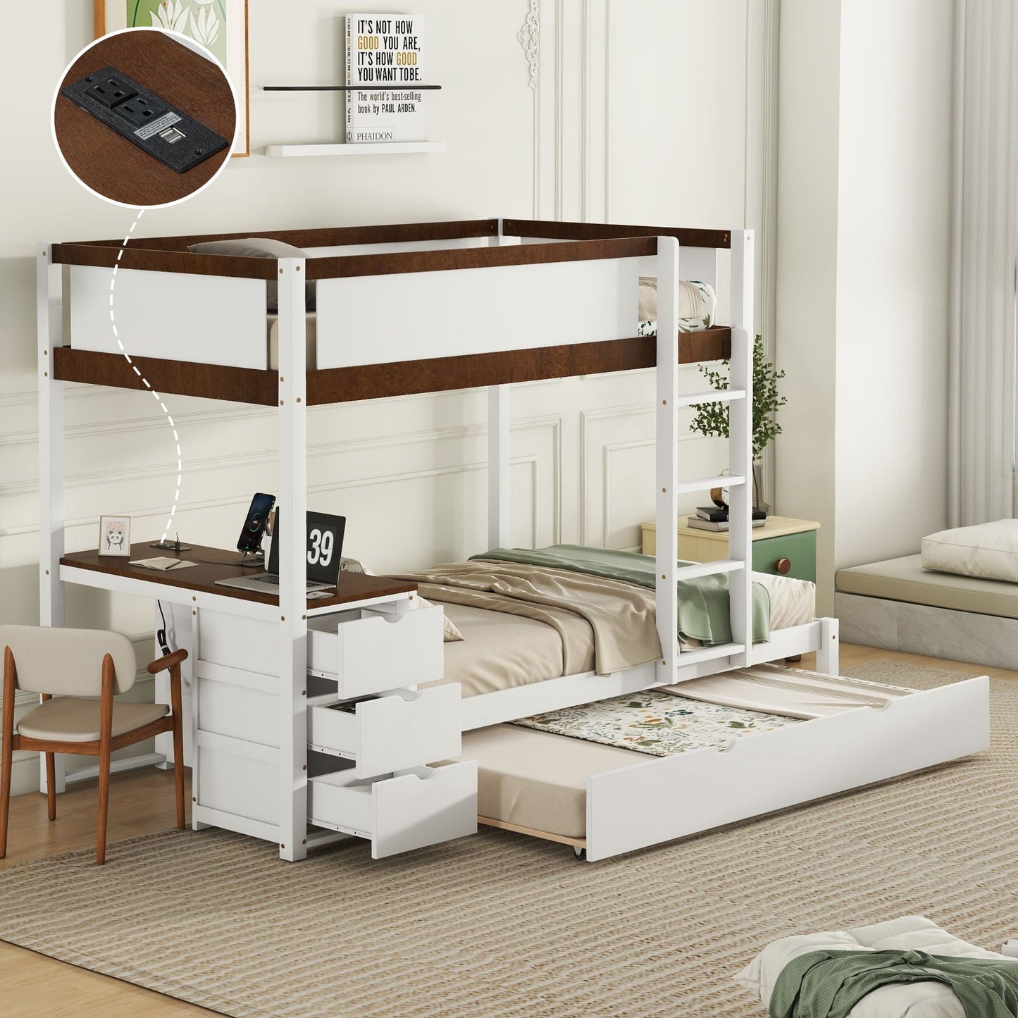 Multi-Functional Twin Over Twin Wood Bunk Bed with Trundle, Storage and Desk, White Walnut | Just Better Bunk Beds