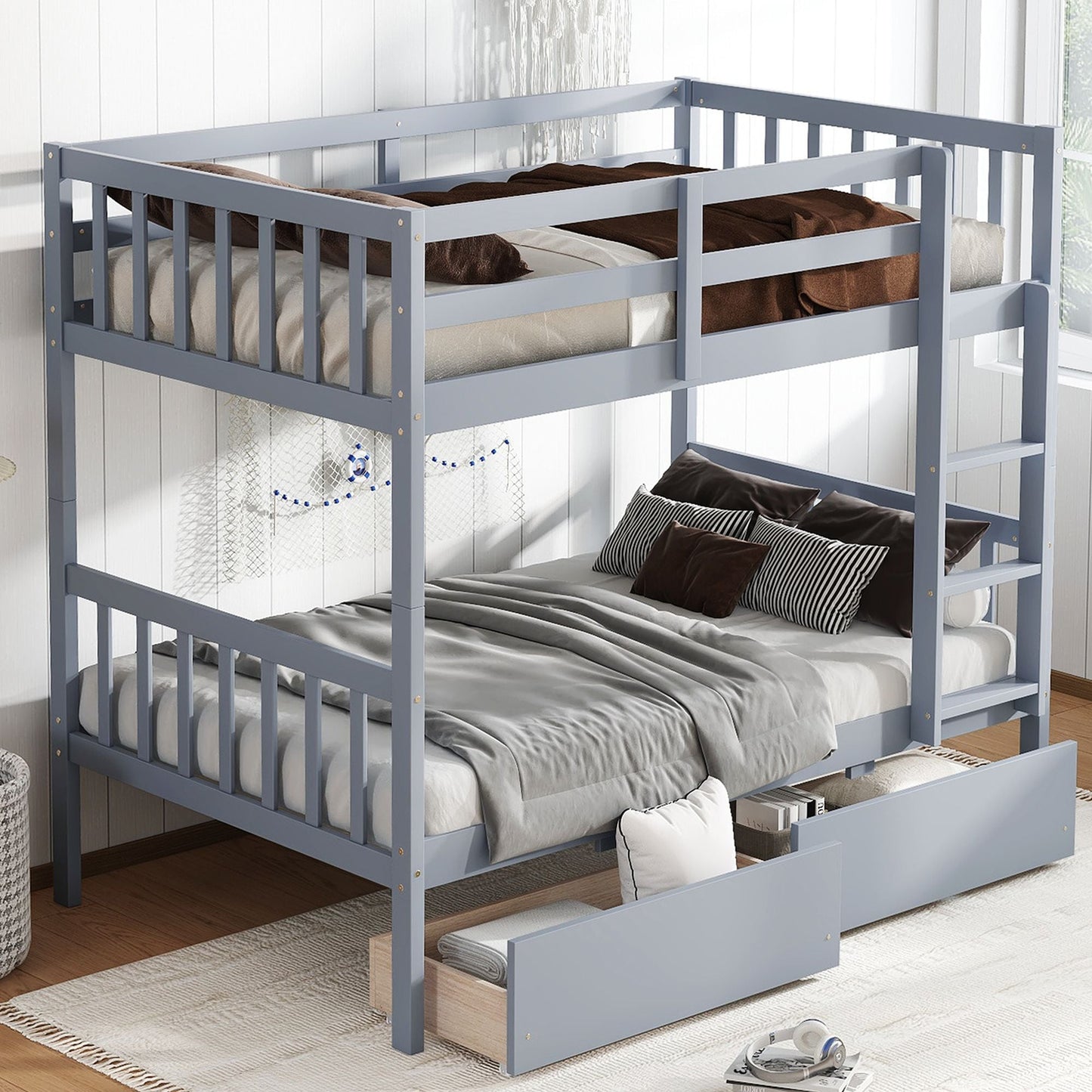 Convertible Twin Over Twin Rubber Wood Bunk Bed with 2 Drawers, Ladder, Safety Guardrails, Gray | Just Better Bunk Beds