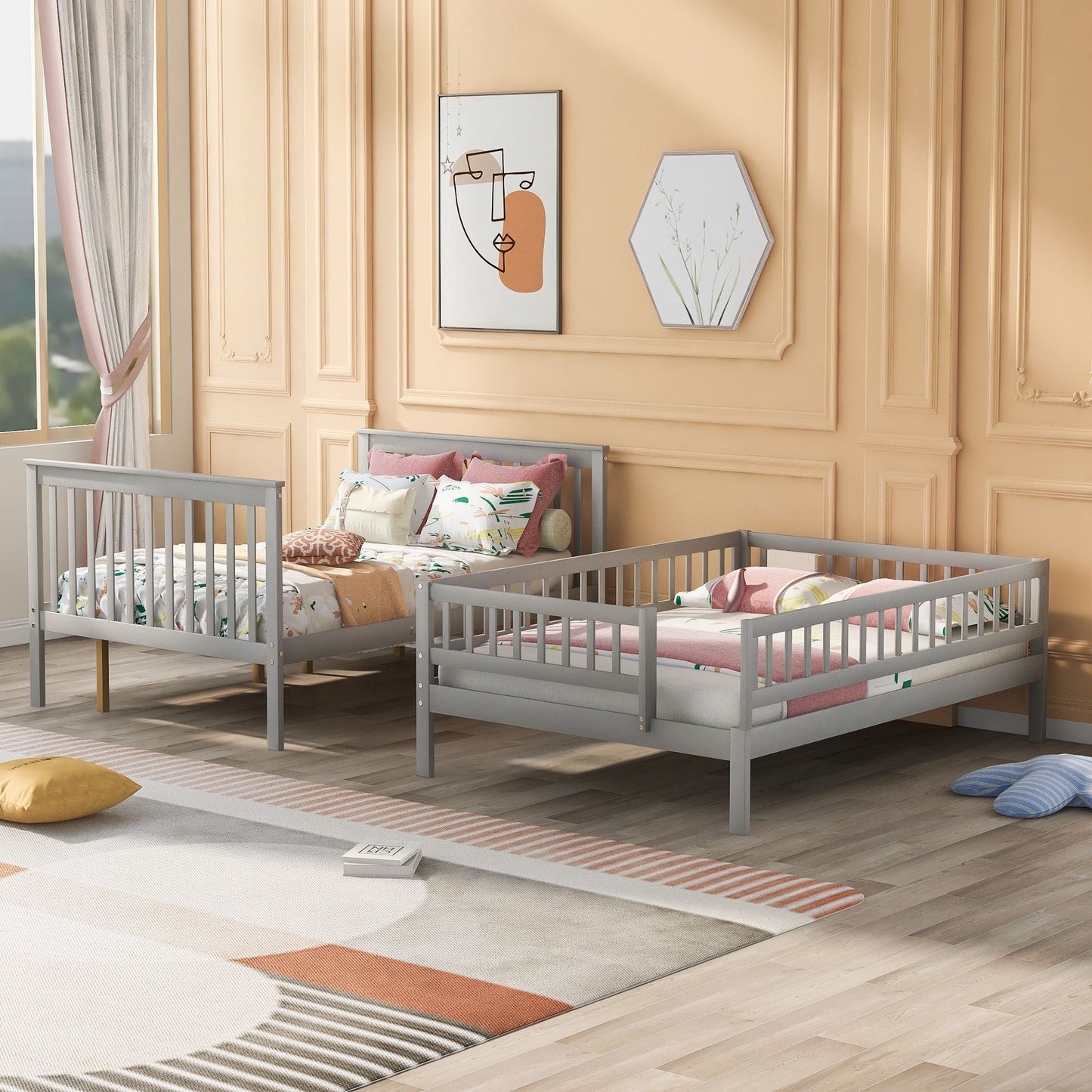 Space-Saving Full Over Full Wood Bunk Bed with Trundle and Staircase, Gray and White | Just Better Bunk Beds