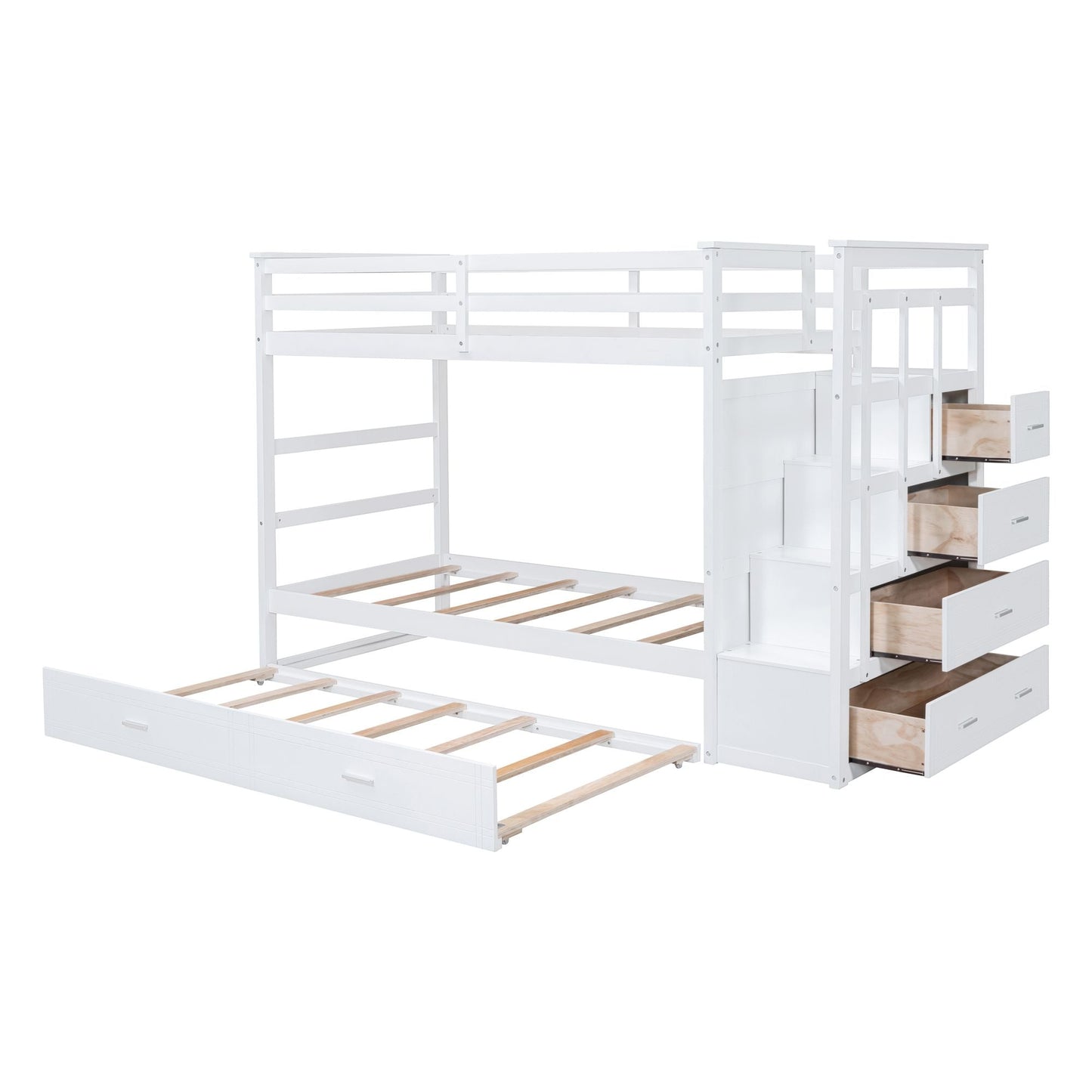 Staircase Storage Twin Over Twin Wood Bunk Bed with Trundle, White | Just Better Bunk Beds