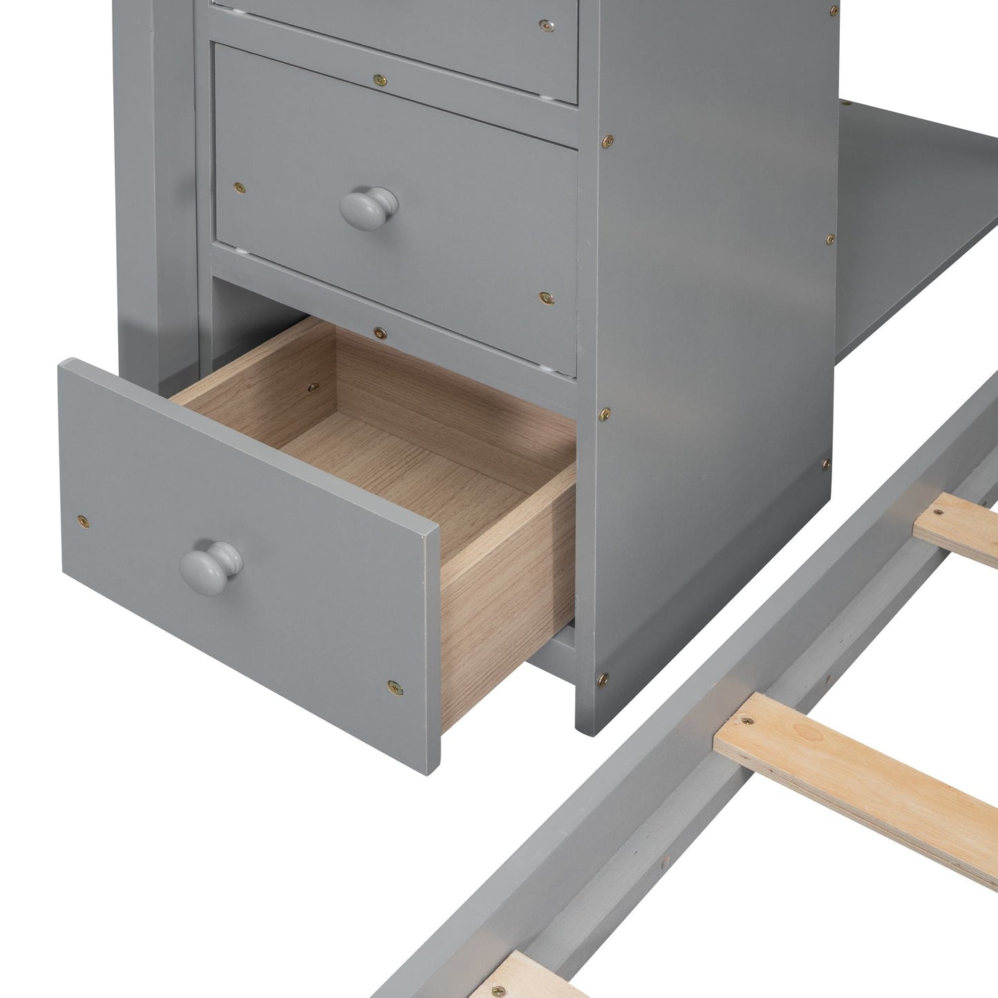 Staircase Storage Twin Over Full Wood Bunk Bed with Shelves and Drawers, Gray | Just Better Bunk Beds