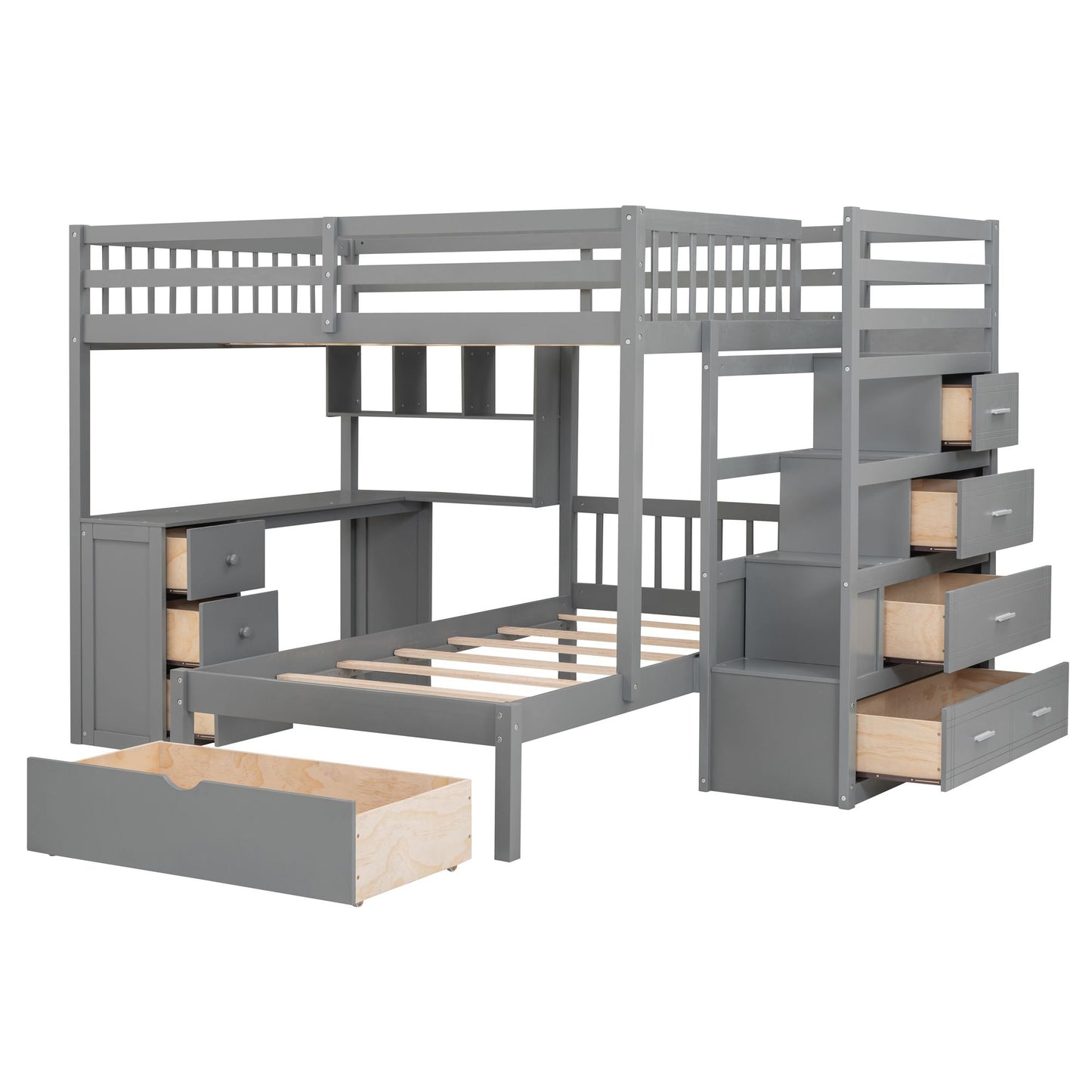 Shared Room Solution Full Over Twin Wood Bunk Bed with Desk, Drawers and Shelves, Gray | Just Better Bunk Beds