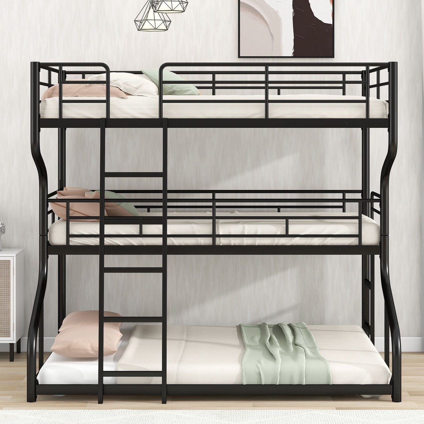 Shared Room Solution Full XL Over Twin XL Over Queen Wood Triple Bunk Bed, White | Just Better Bunk Beds