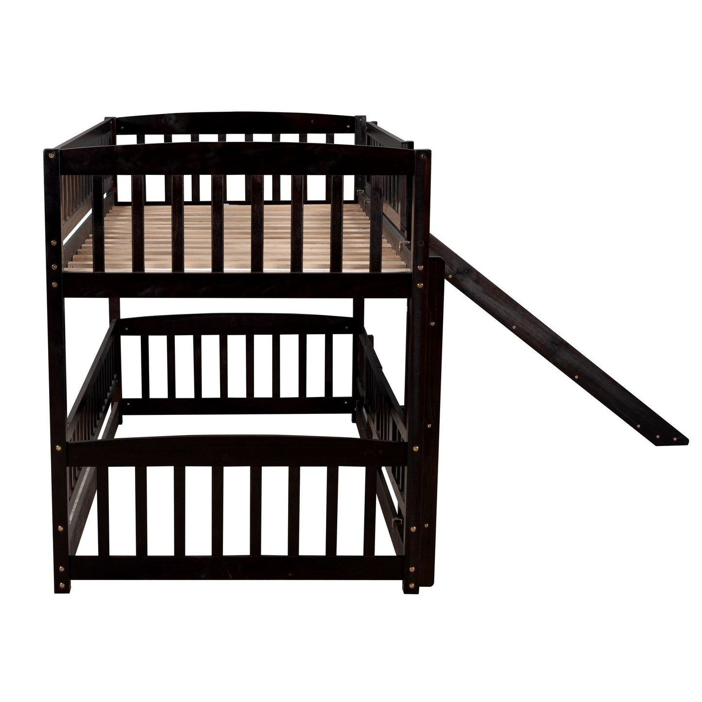 Kids Bedroom Twin Over Twin Wood Low Bunk Bed with Slide, Fence and Ladder, White | Just Better Bunk Beds