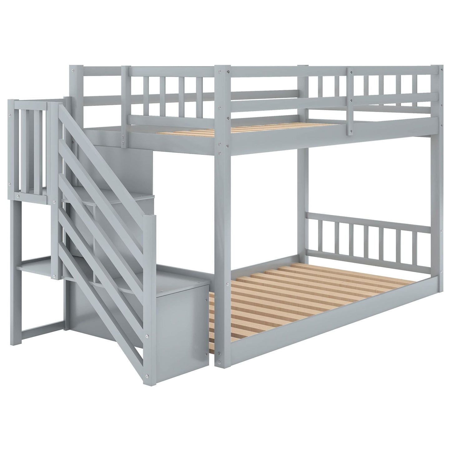 Floor-Level Twin Over Twin Wood Bunk Bed with Ladder and Storage, White | Just Better Bunk Beds