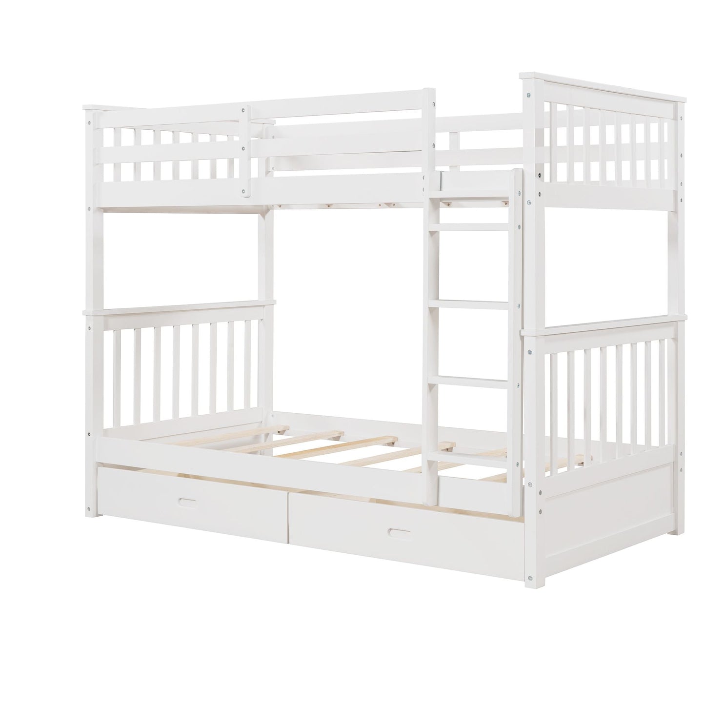 Storage-Enhanced Twin Over Twin Wood Bunk Bed with Ladders, Two Drawers, White | Just Better Bunk Beds