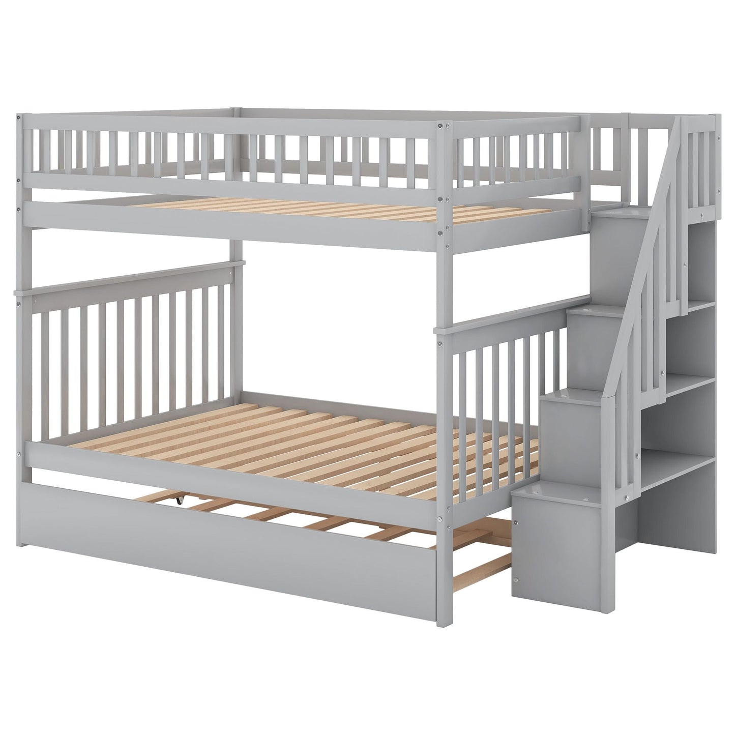 Space-Saving Full Over Full Wood Bunk Bed with Trundle and Staircase, Gray and White | Just Better Bunk Beds