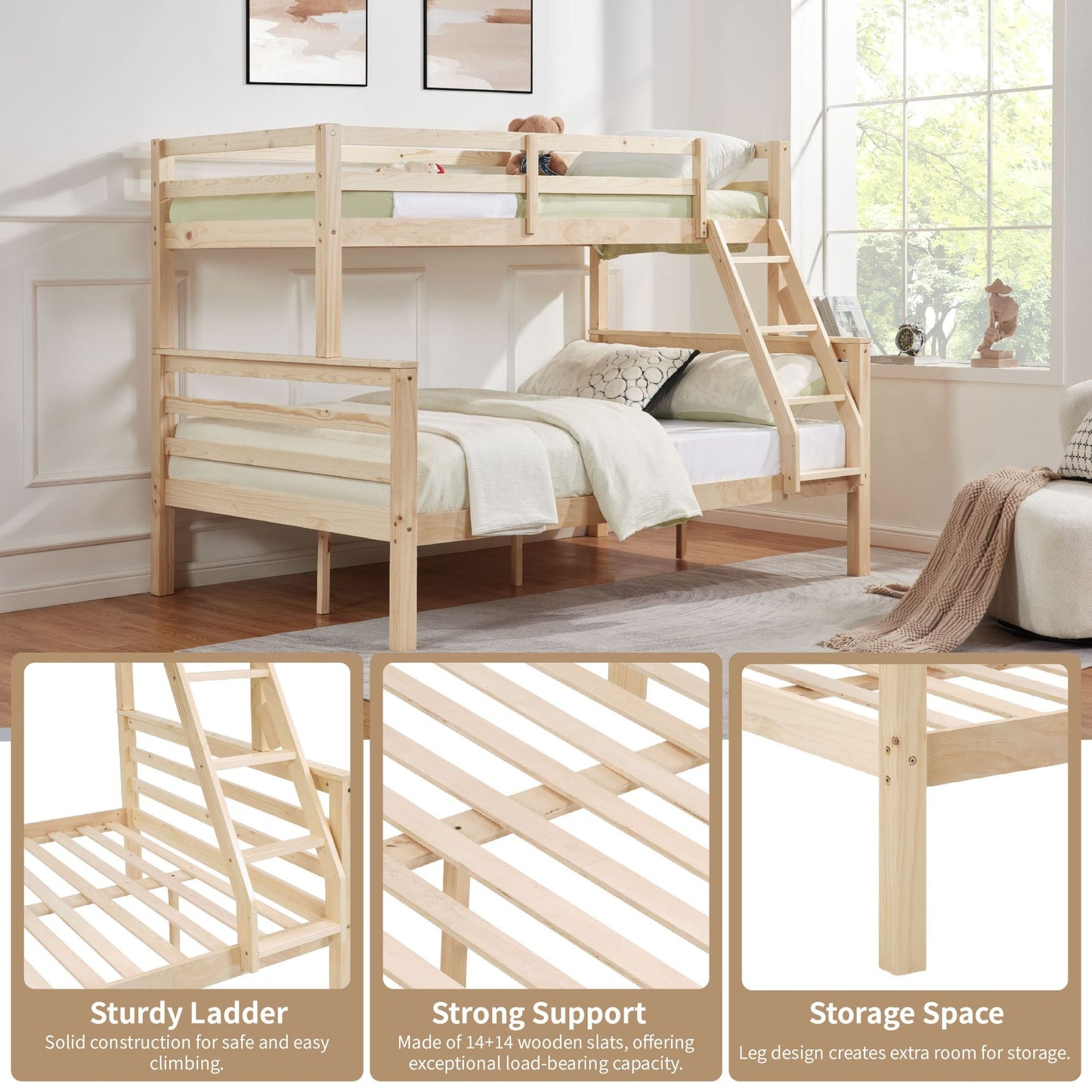 Durable Twin Over Full Wood Bunk Bed with Thick Posts, High Guardrail, Ladder, Natural | Just Better Bunk Beds