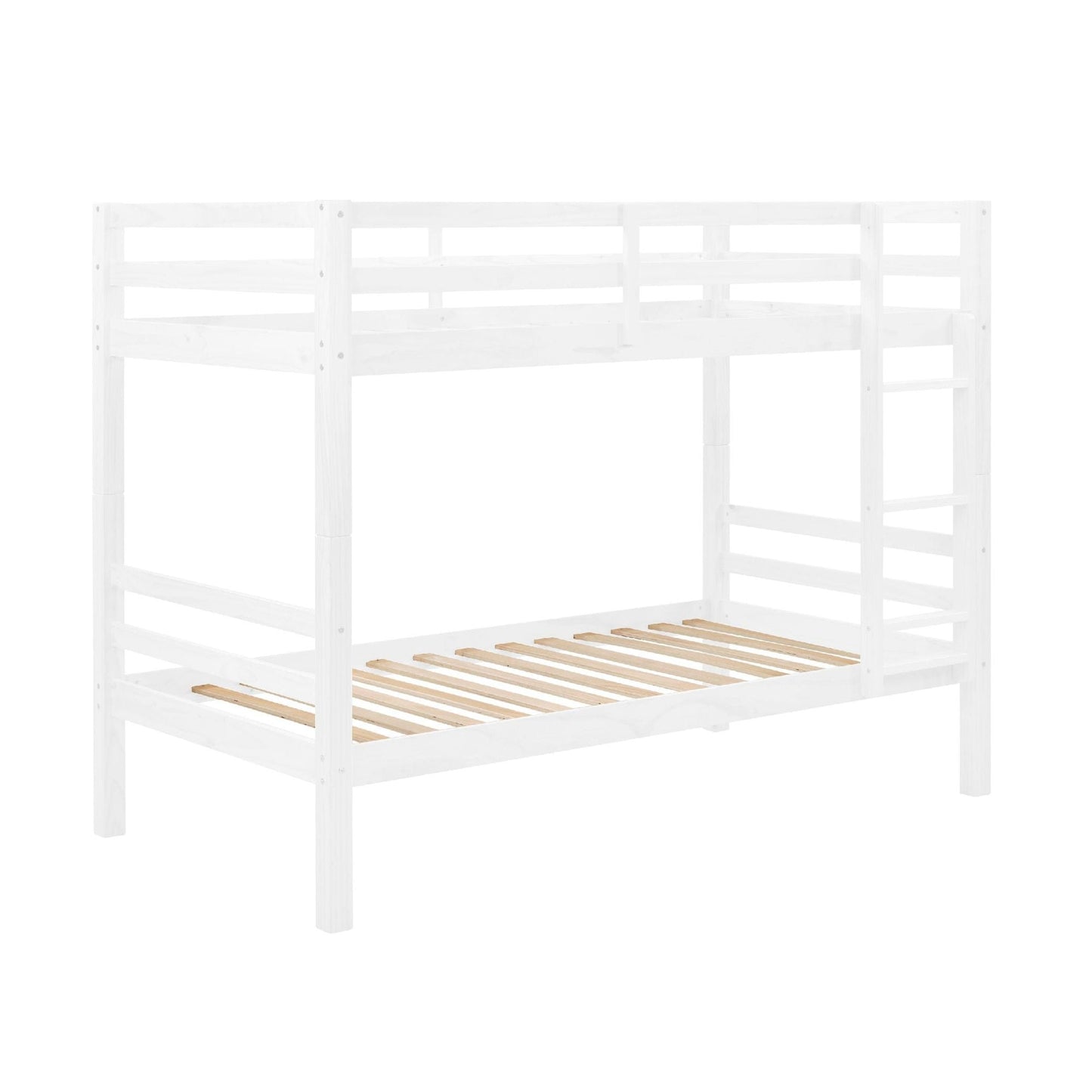 Heavy-Duty Twin Over Twin Wood Bunk Bed, White with Thick Posts, Ladder, and High Guardrail | Just Better Bunk Beds