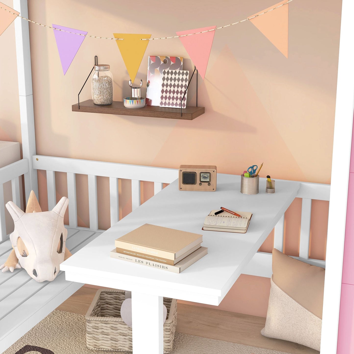 Kids Bedroom Twin Over Twin Wood Bunk Bed with Changeable Table and Desk, Pink | Just Better Bunk Beds