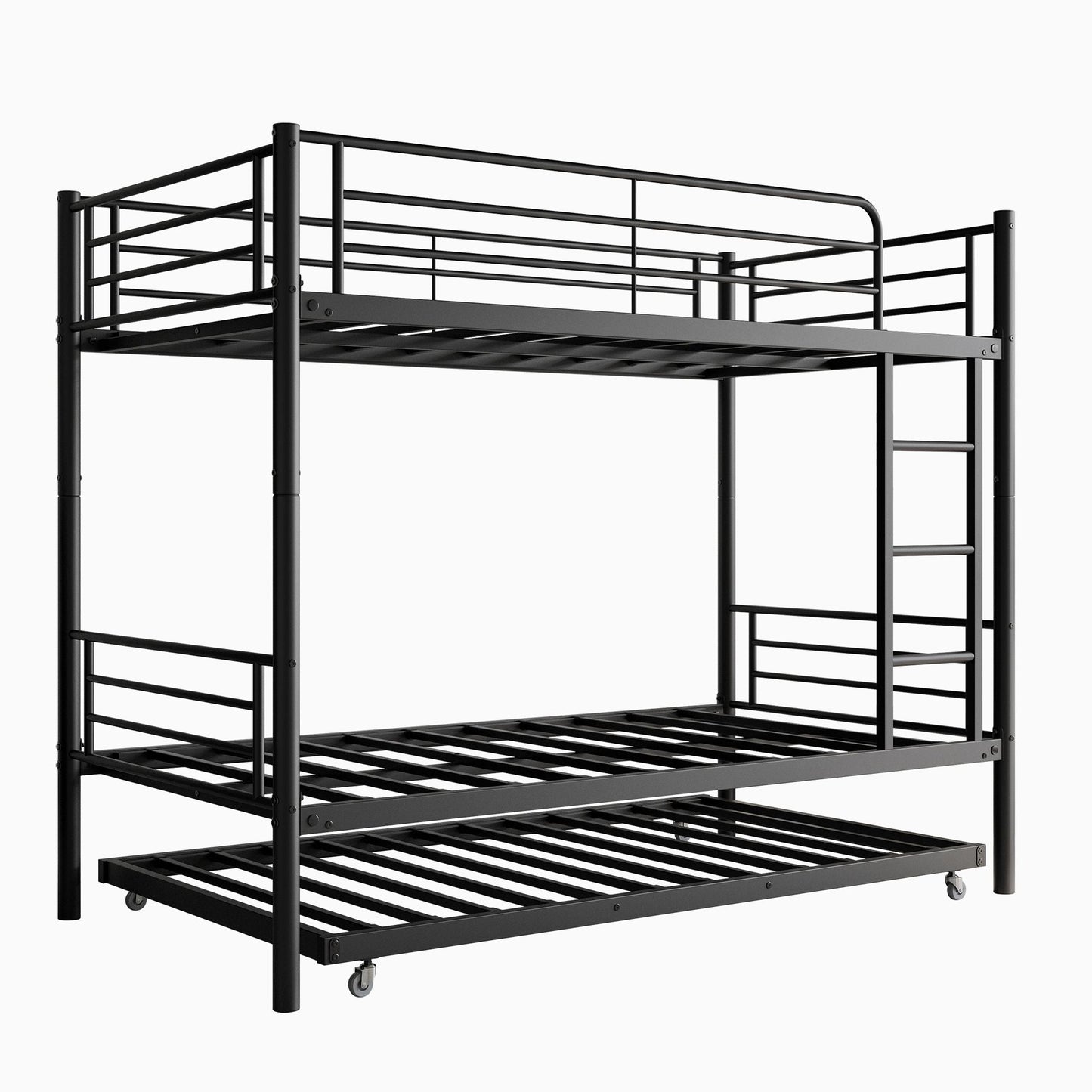 Space-Saving Full Metal Bunk Bed with Twin Trundle, Black | Just Better Bunk Beds
