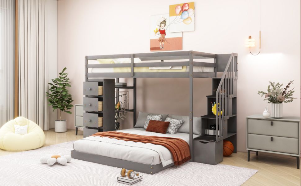 Staircase Storage Twin Over Full Wood Bunk Bed with Shelves and Drawers, Gray | Just Better Bunk Beds