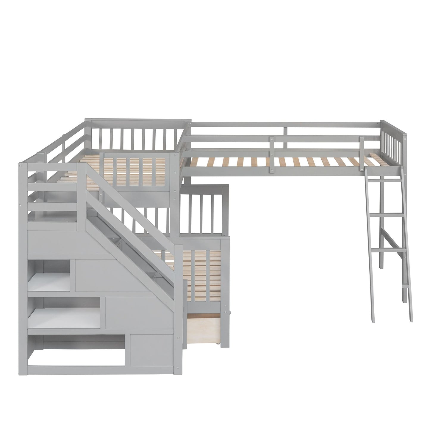Twin over Full L-Shaped Bunk Bed With 3 Drawers,  Ladder and Staircase - Gray