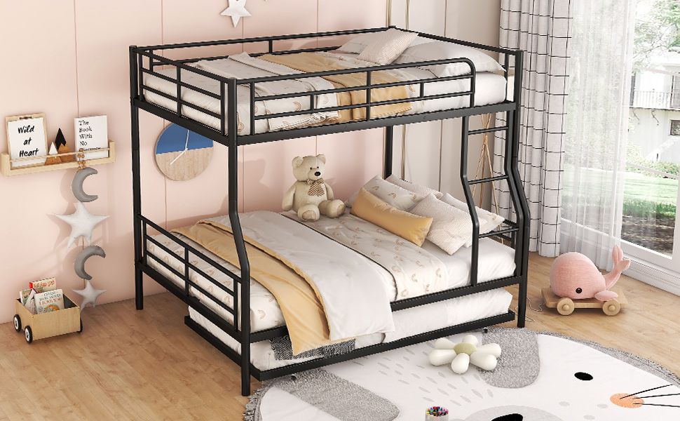 Space-Saving Full XL Over Queen Metal Bunk Bed with Trundle, Black | Just Better Bunk Beds