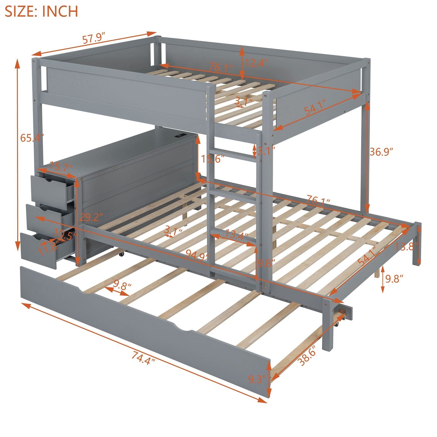 Multi-Functional Full Over Full Wood Bunk Bed with Trundle, Storage, and Desk, Gray | Just Better Bunk Beds