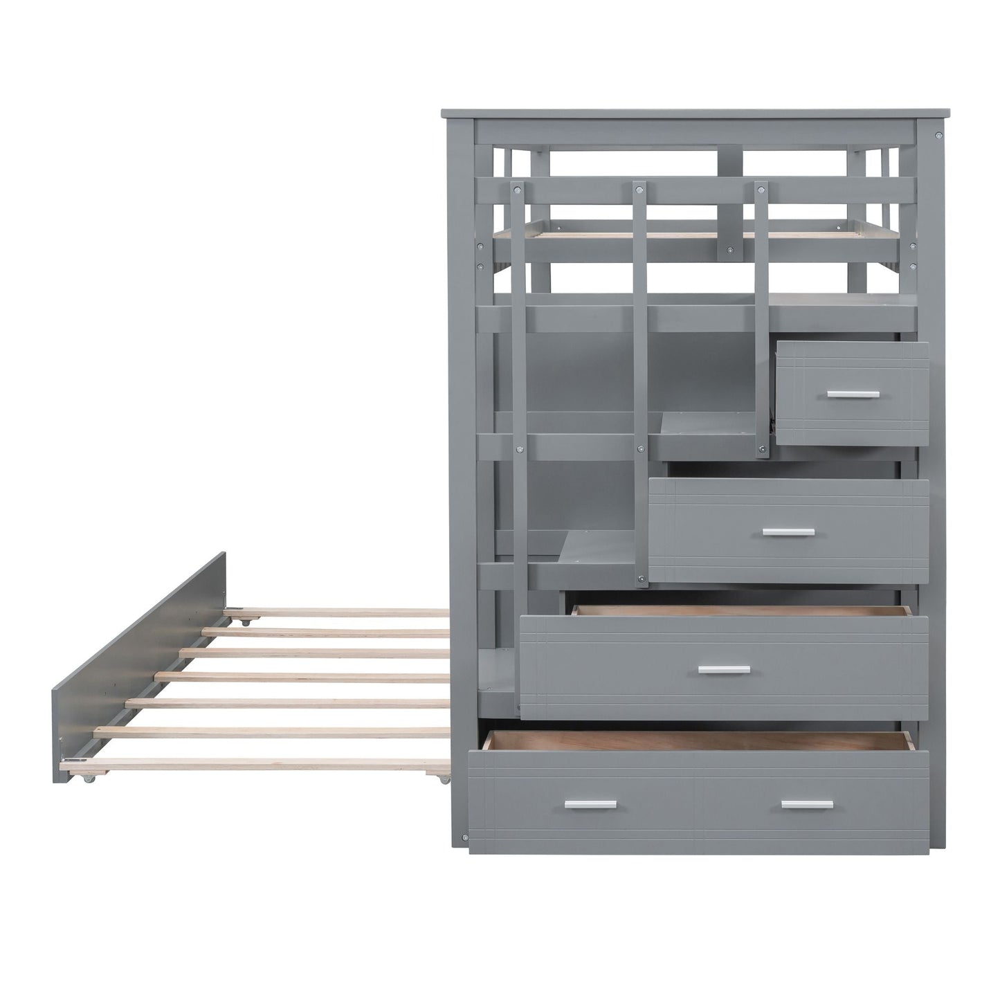 Shared Room Solution Twin Over Twin Wood Bunk Bed with Trundle and Staircase, Gray | Just Better Bunk Beds