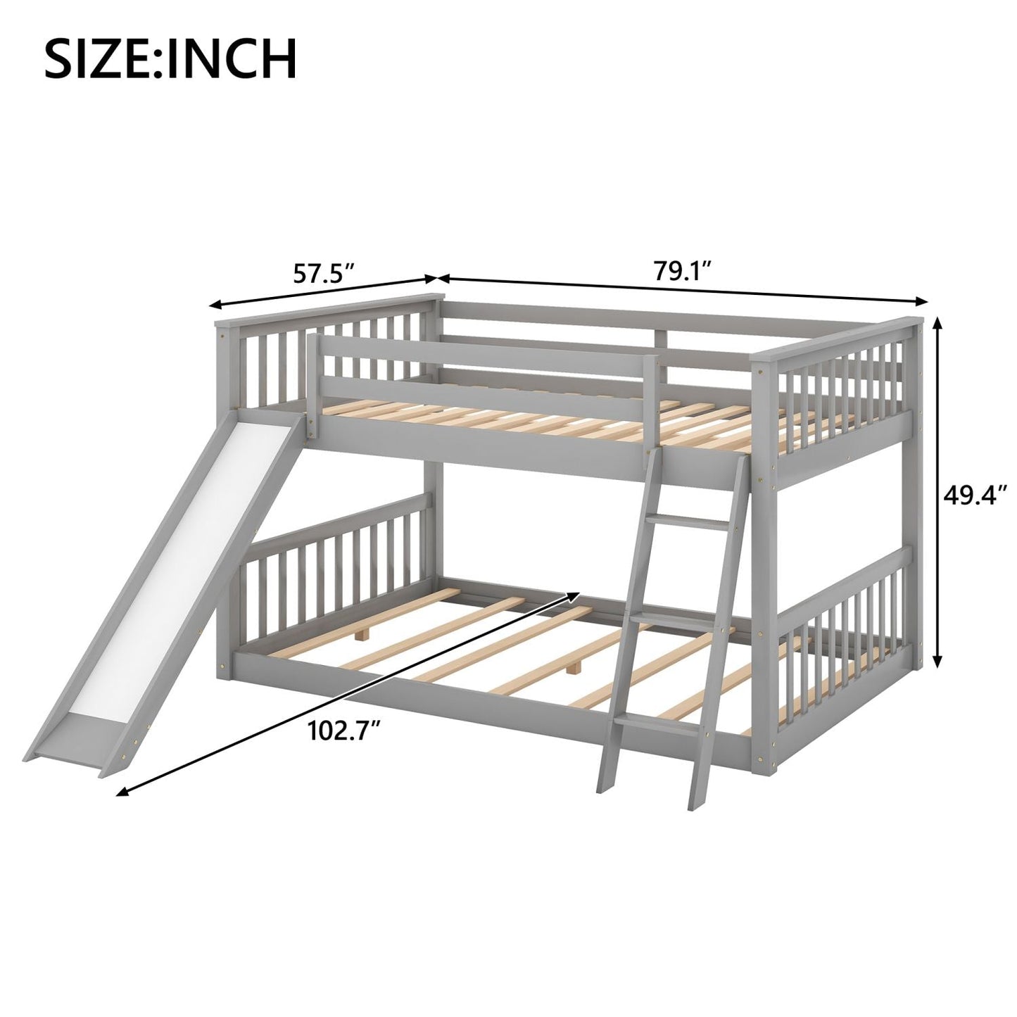 Fun Convertible Slide Full Over Full Wood Bunk Bed, Gray | Just Better Bunk Beds