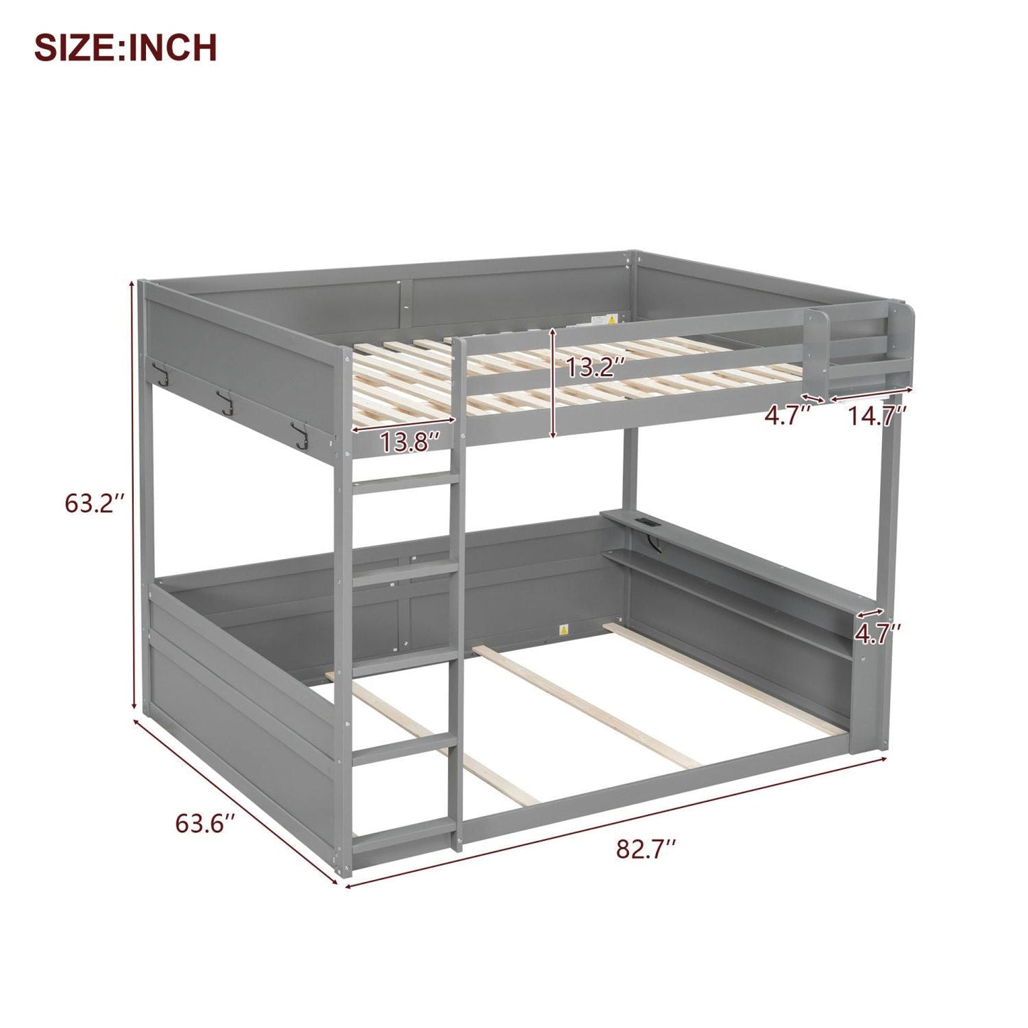Kids Bedroom Queen Wood Bunk Bed with Built-in Shelves, Storage Box, LED Light, USB Charging, Gray | Just Better Bunk Beds