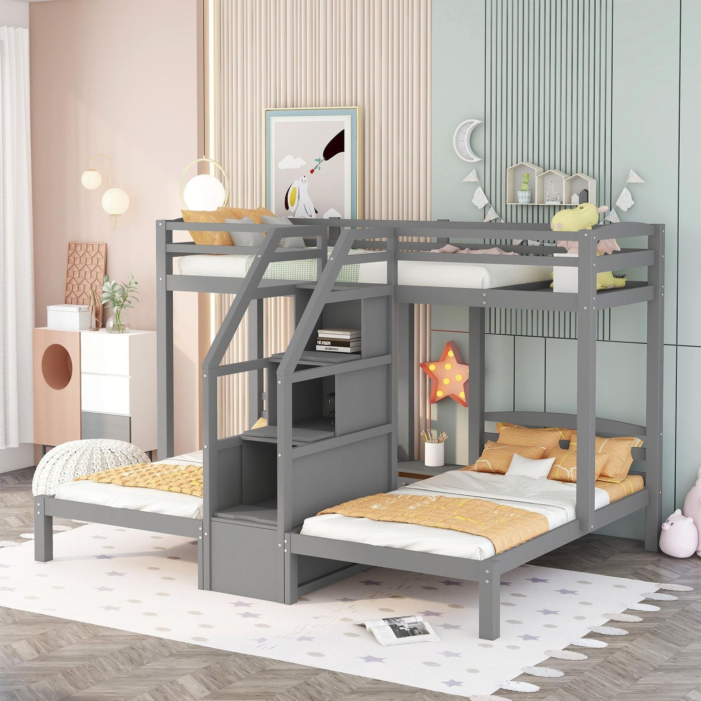 Built-In Staircase Twin Over Twin Over Twin Wood Bunk Bed, Gray with Storage Drawer | Just Better Bunk Beds