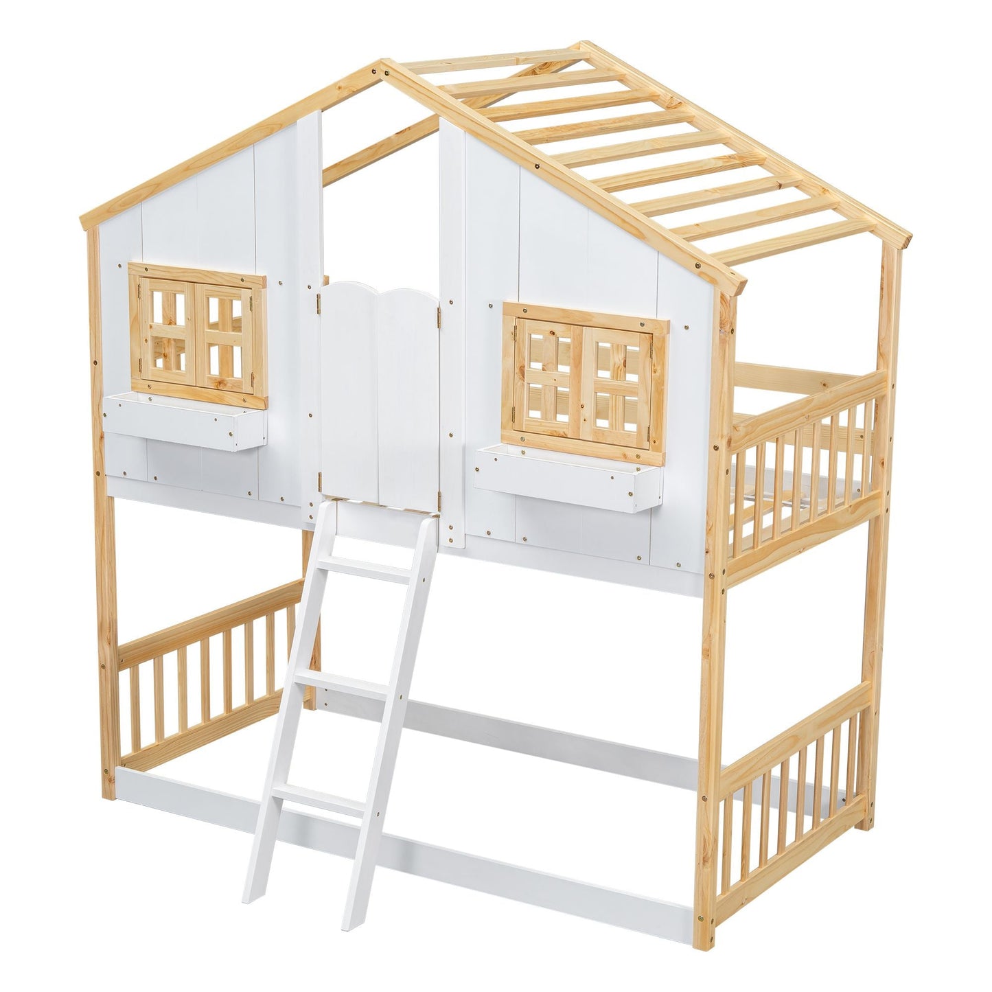 House-Style Twin Over Twin Wood Bunk Bed with Roof, Window, Door, and Ladder, Multiple Colors | Just Better Bunk Beds