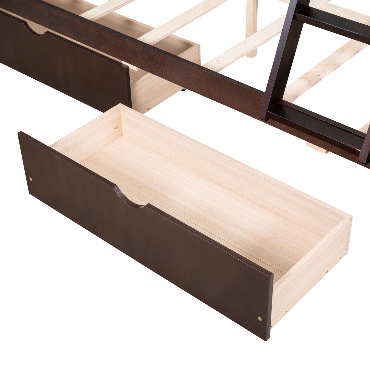 Heavy-Duty Twin Over Full Wood Bunk Bed with Ladder and Two Storage Drawers, Espresso | Just Better Bunk Beds