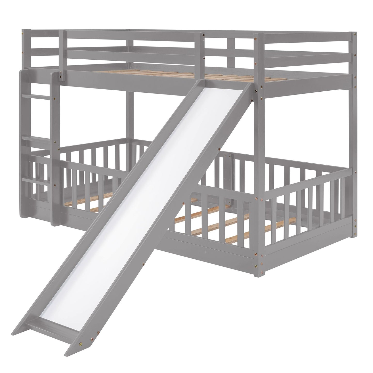 Kids Bedroom Twin Over Twin Wood Bunk Bed with Slide and Ladder, White | Just Better Bunk Beds