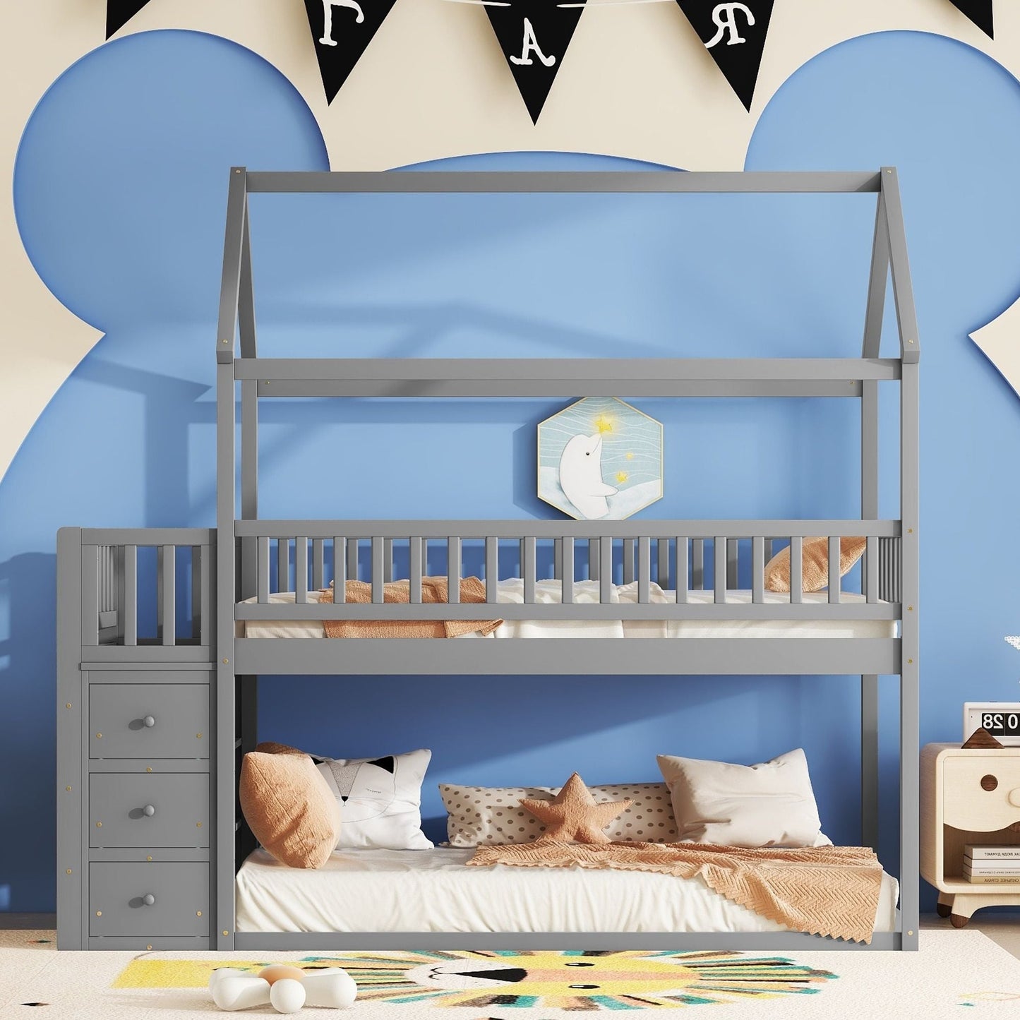 House-Style Twin Over Twin Wood Bunk Bed with Shelves and Drawers, Gray | Just Better Bunk Beds
