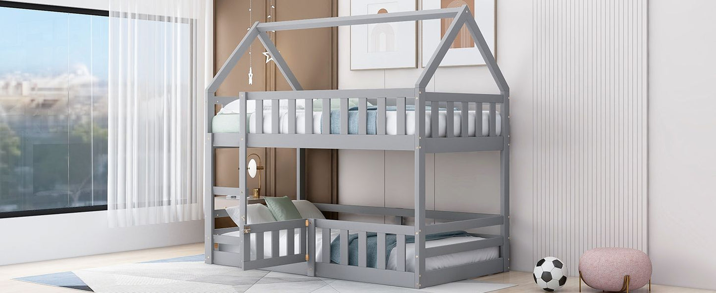 Kids Bedroom Twin Over Twin Wood House Bunk Bed with Fence and Door, Gray | Just Better Bunk Beds