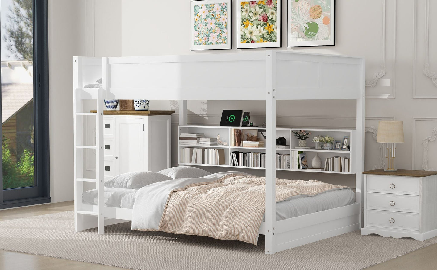Shared Room Solution Queen Over Queen Wood Bunk Bed with Storage and USB Ports, White | Just Better Bunk Beds