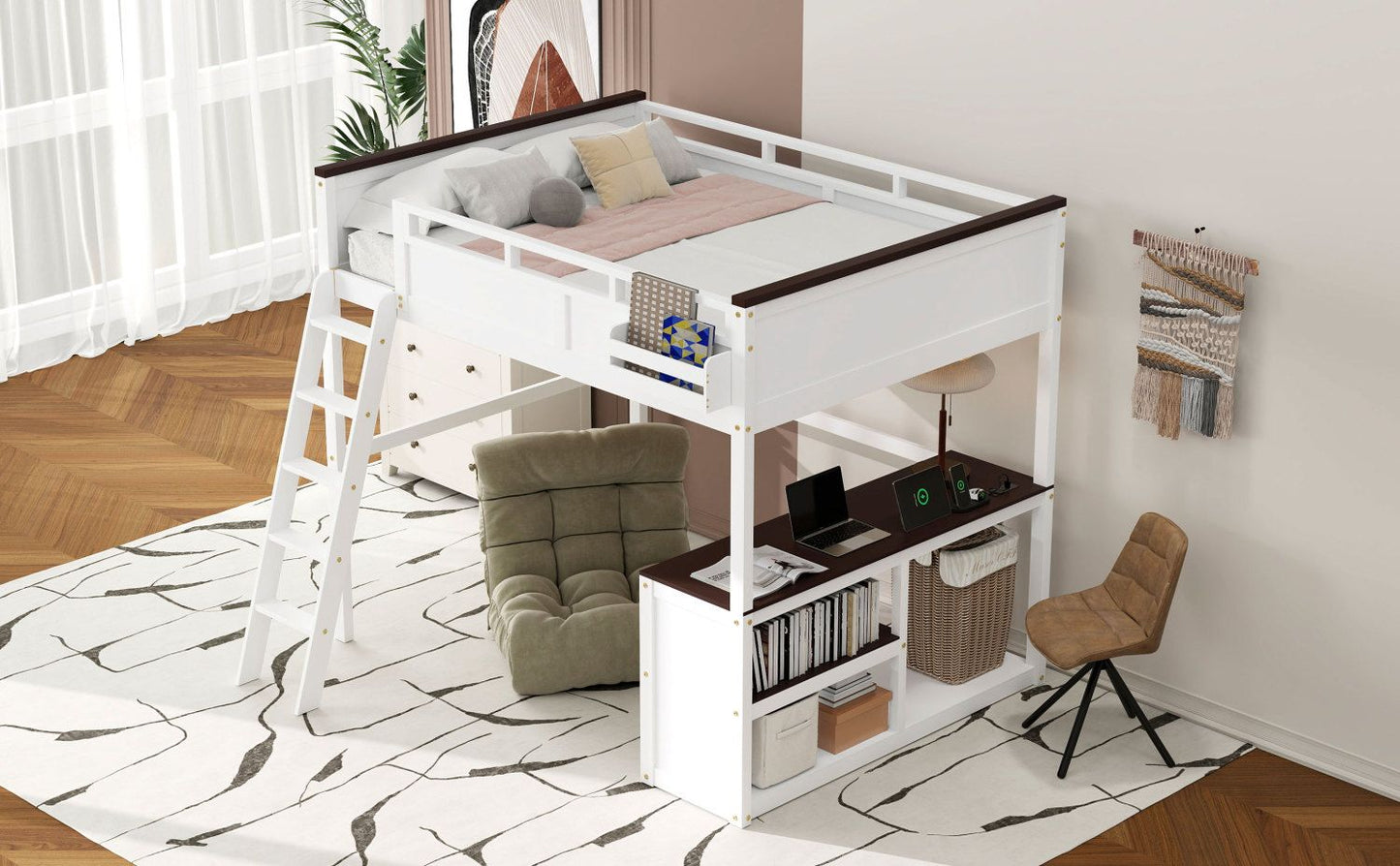 Space-Saving Queen Wood Loft Bed with Desk, Storage & USB Charging Station, White | Just Better Bunk Beds