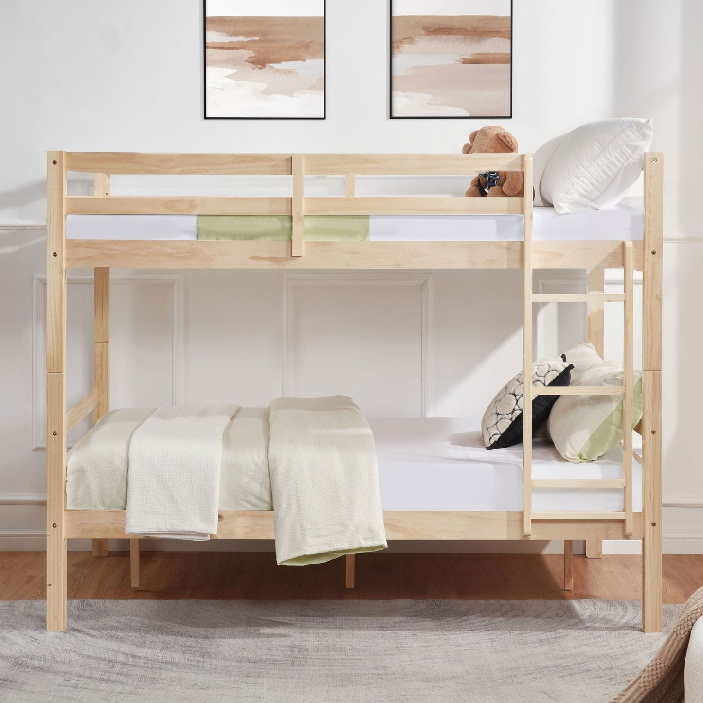 Heavy-Duty Full Over Full Wood Bunk Bed with Thick Posts, High Guardrail, Ladder, Natural | Just Better Bunk Beds