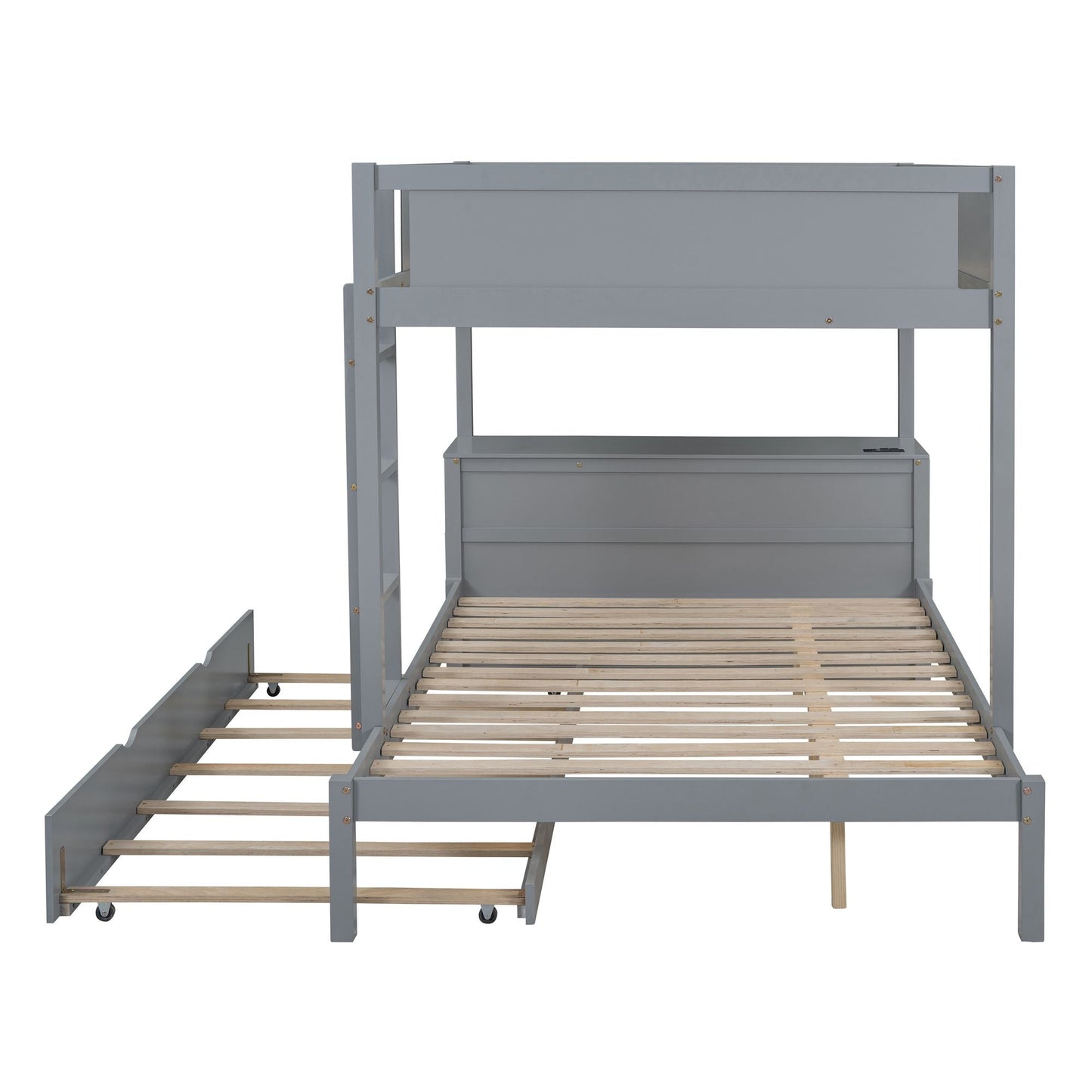 Multi-Functional Full Over Full Wood Bunk Bed with Trundle, Storage, and Desk, Gray | Just Better Bunk Beds
