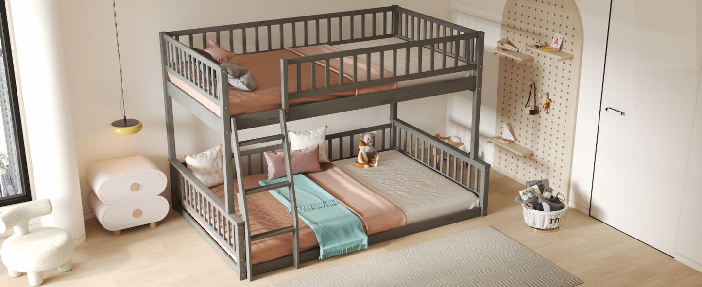 Space-Saving Full XL Over Queen Wood Bunk Bed with Ladder and Guardrails, Gray | Just Better Bunk Beds