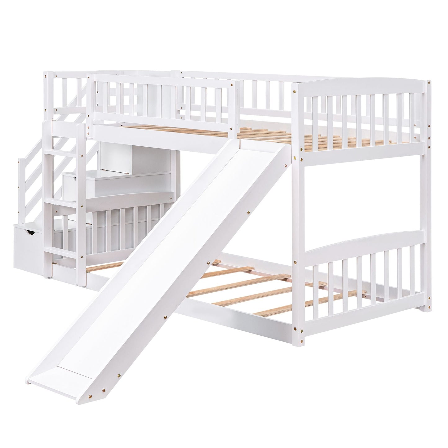 Stairway Twin over Twin Bunk Bed with Two Drawers and Slide,  White