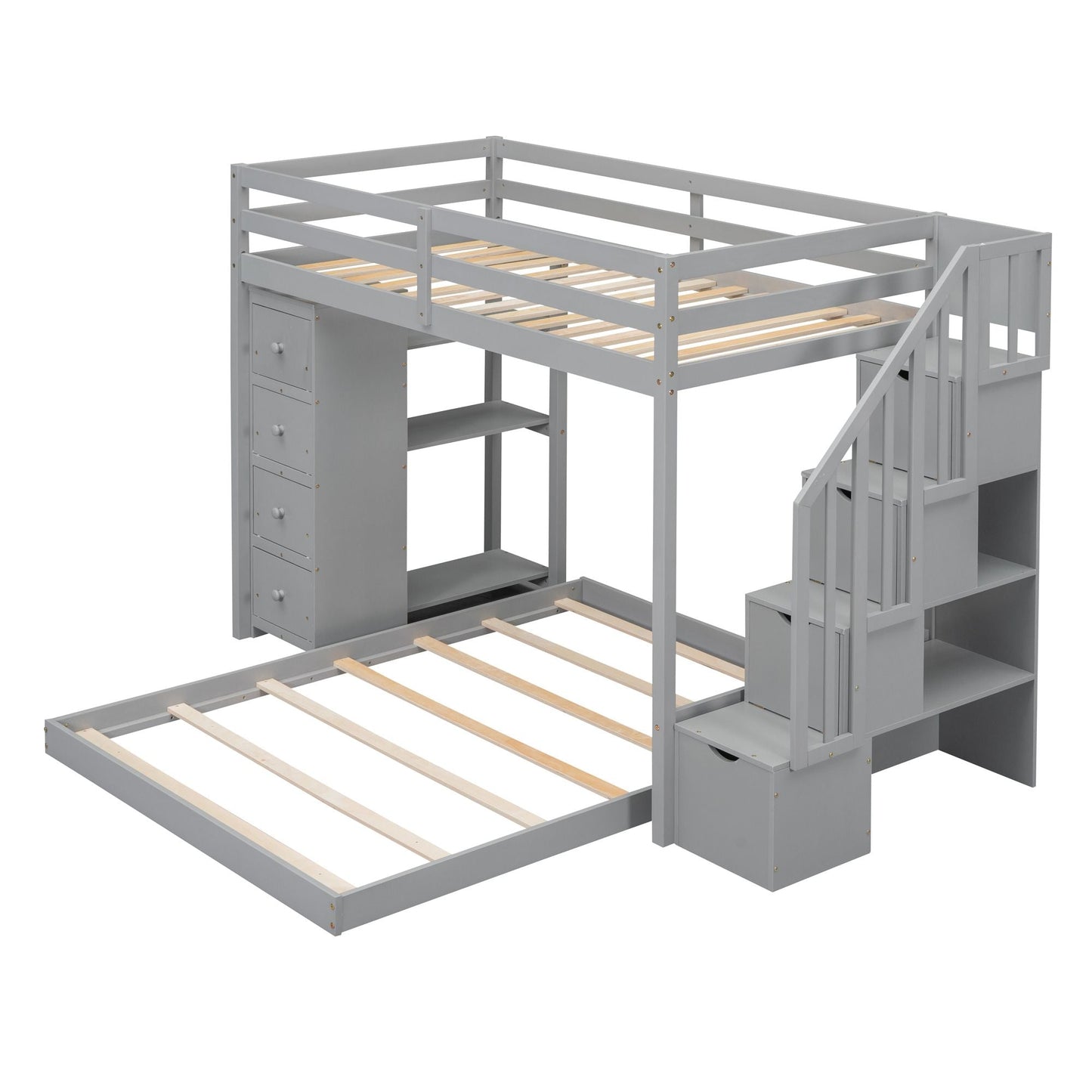 Staircase Storage Twin Over Full Wood Bunk Bed with Shelves and Drawers, Gray | Just Better Bunk Beds