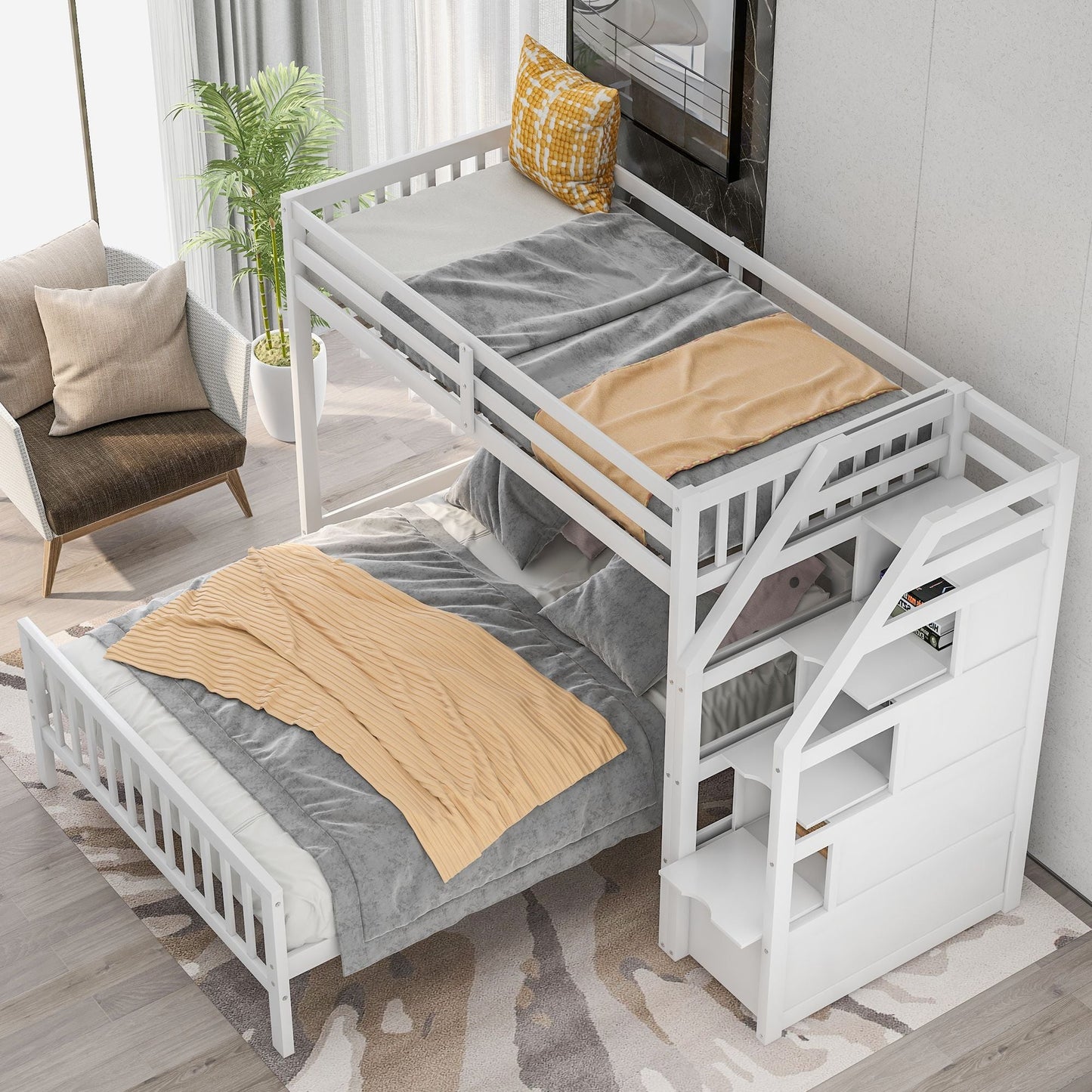 Space-Saving Twin Over Full Wood Loft Bed with Staircase, Gray | Just Better Bunk Beds