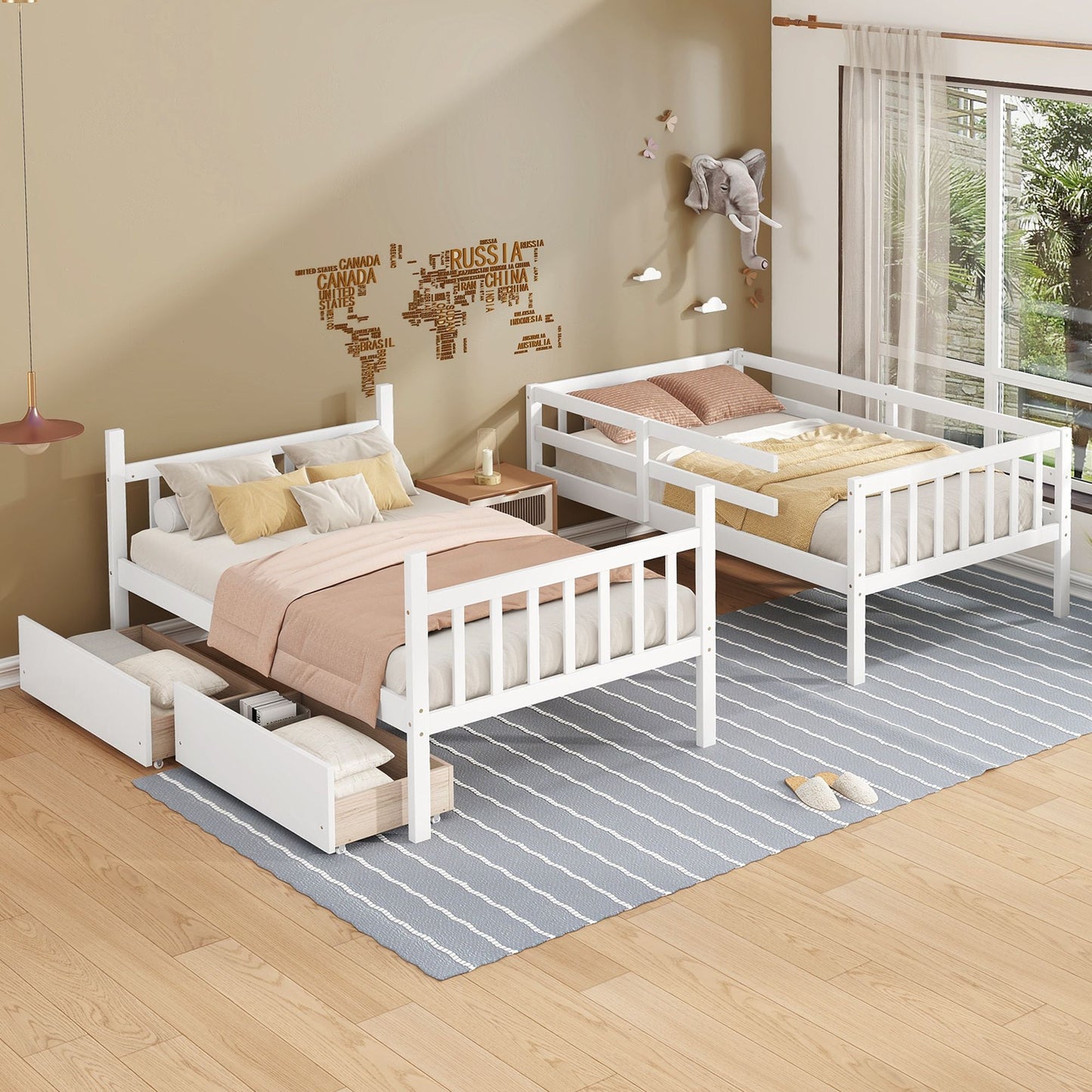 Convertible Twin Over Twin Rubber Wood Bunk Bed with 2 Drawers, Ladder, Safety Guardrails, Gray | Just Better Bunk Beds