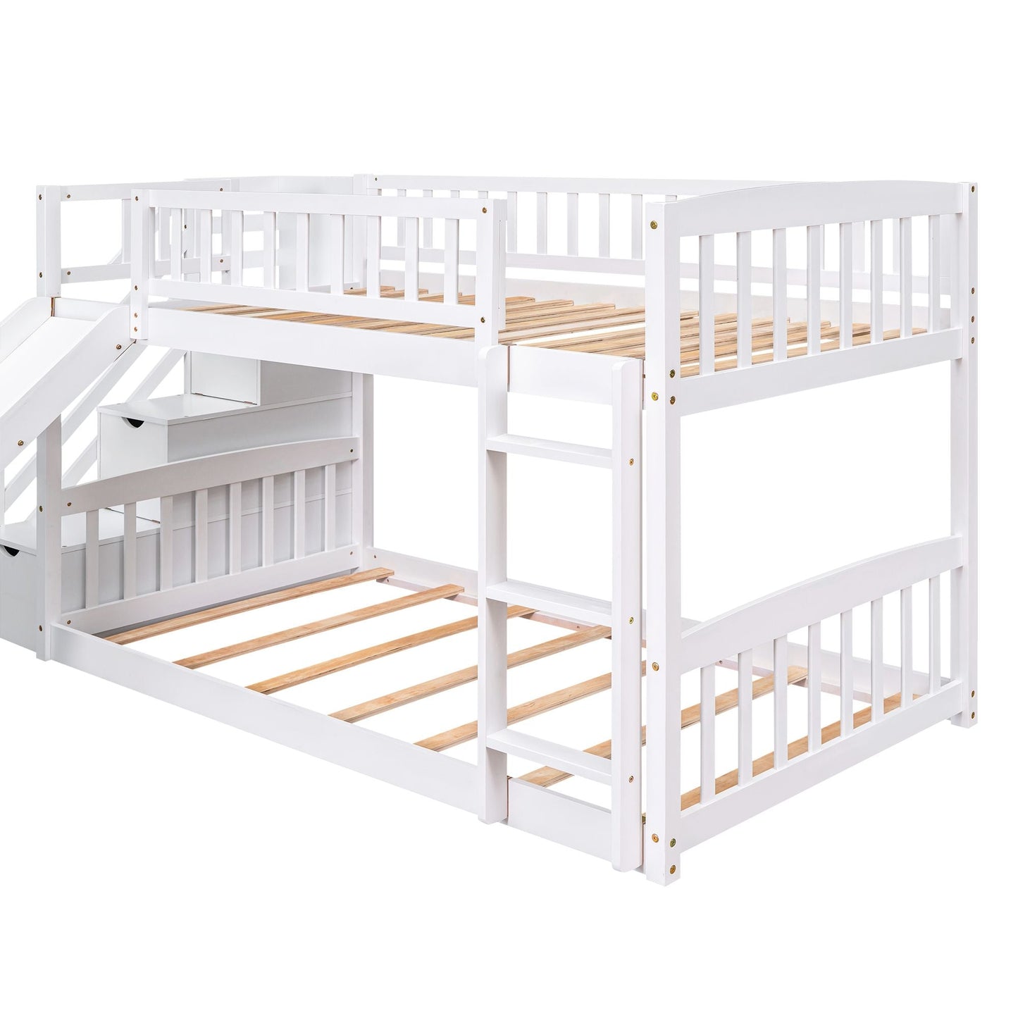 Stairway Twin over Twin Bunk Bed with Two Drawers and Slide,  White