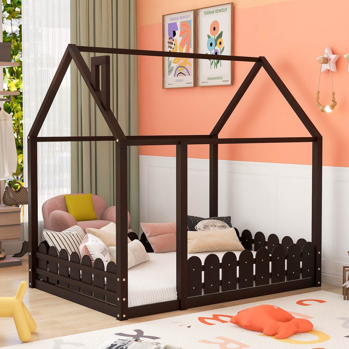 Kids Bedroom Full Wood Bed Frame with Protective Fence, White | Just Better Bunk Beds