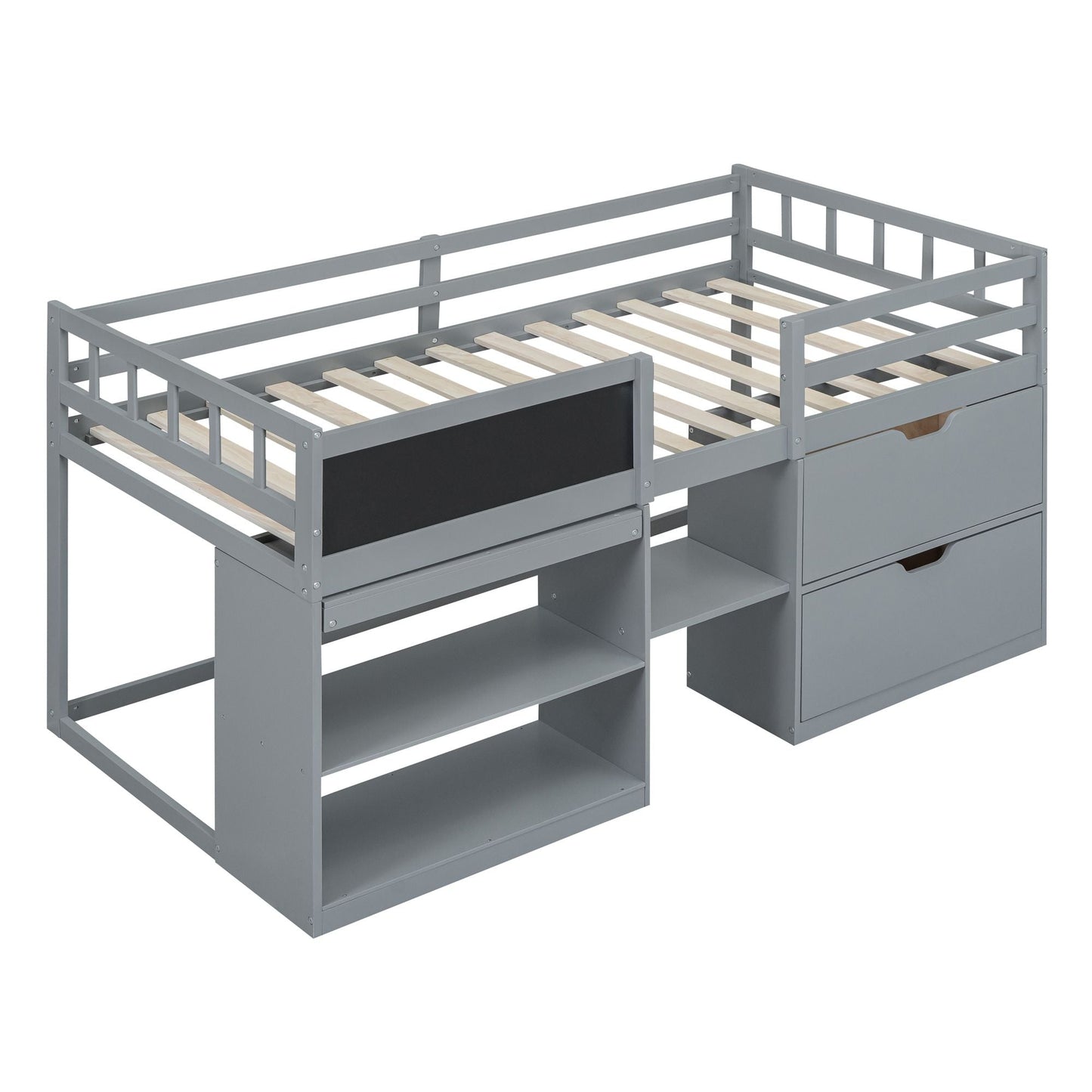 Space-Saving Twin Low Loft Wood Bed with Rolling Desk, Shelf, Drawers, White | Just Better Bunk Beds