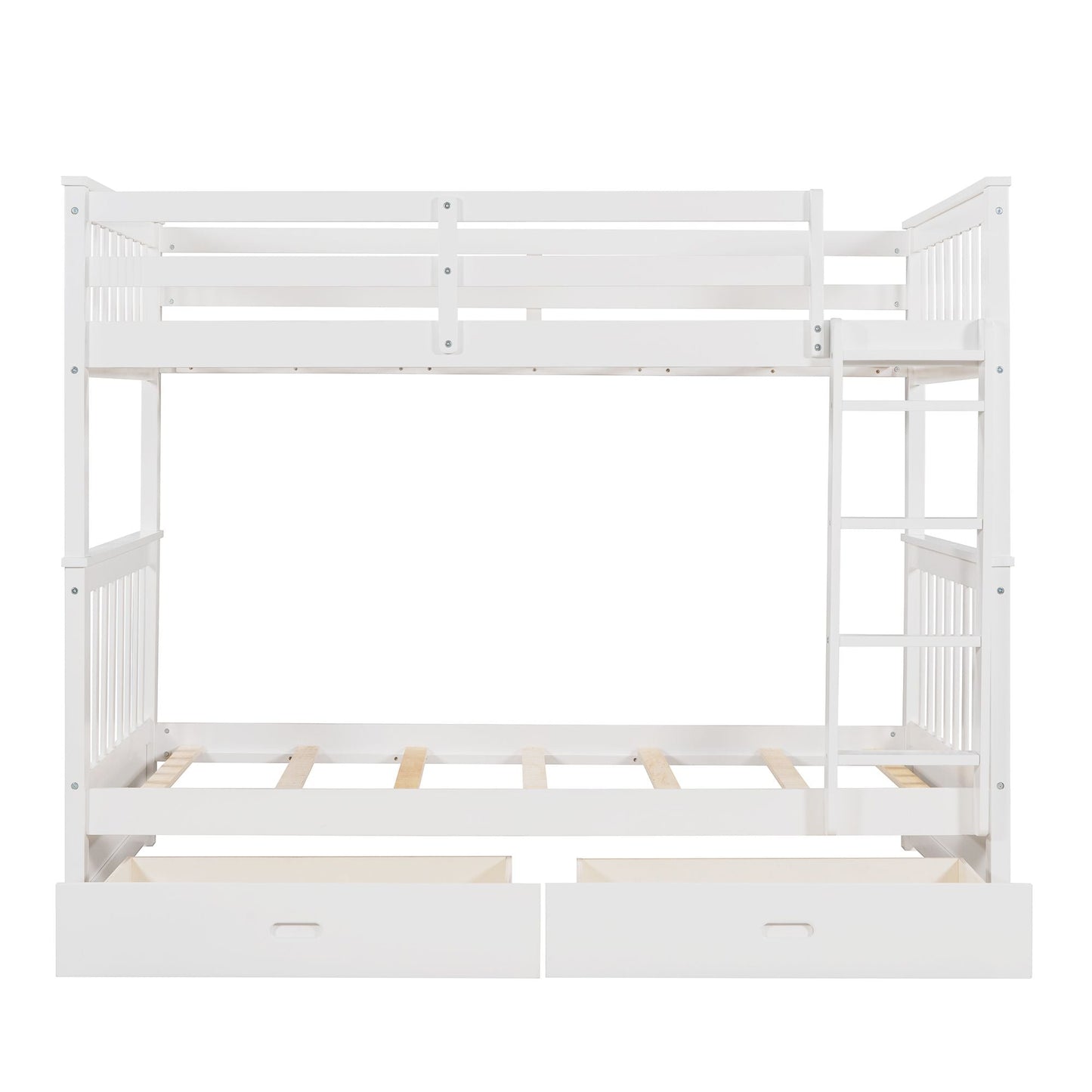 Storage-Enhanced Twin Over Twin Wood Bunk Bed with Ladders, Two Drawers, White | Just Better Bunk Beds