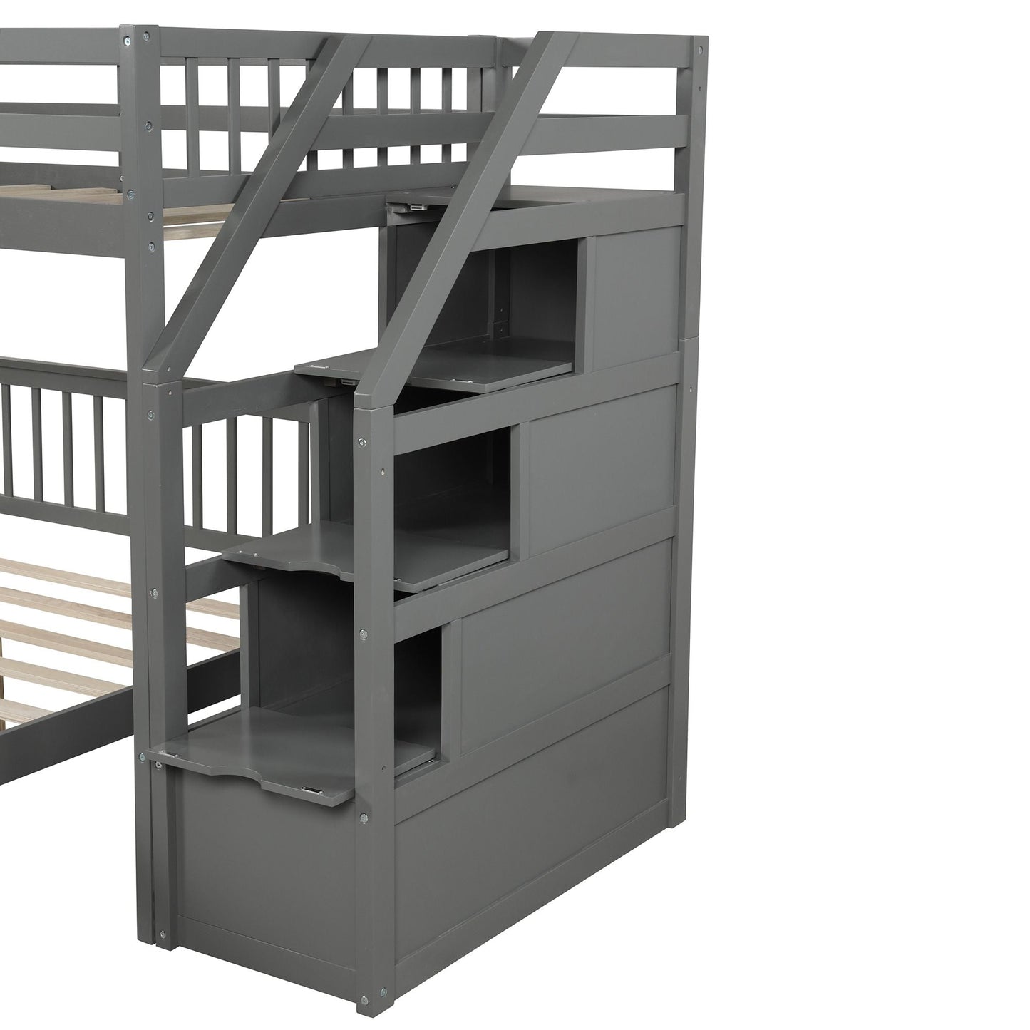Space-Saving Twin Over Full Wood Loft Bed with Staircase, Gray | Just Better Bunk Beds