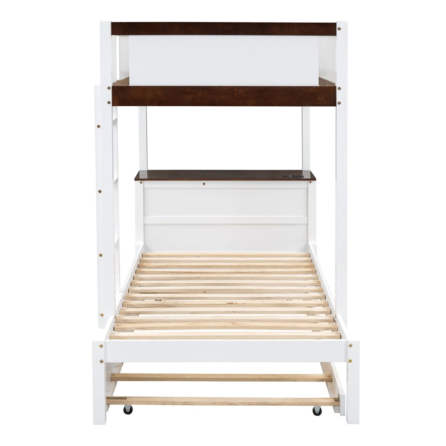 Multi-Functional Twin Over Twin Wood Bunk Bed with Trundle, Storage and Desk, White Walnut | Just Better Bunk Beds