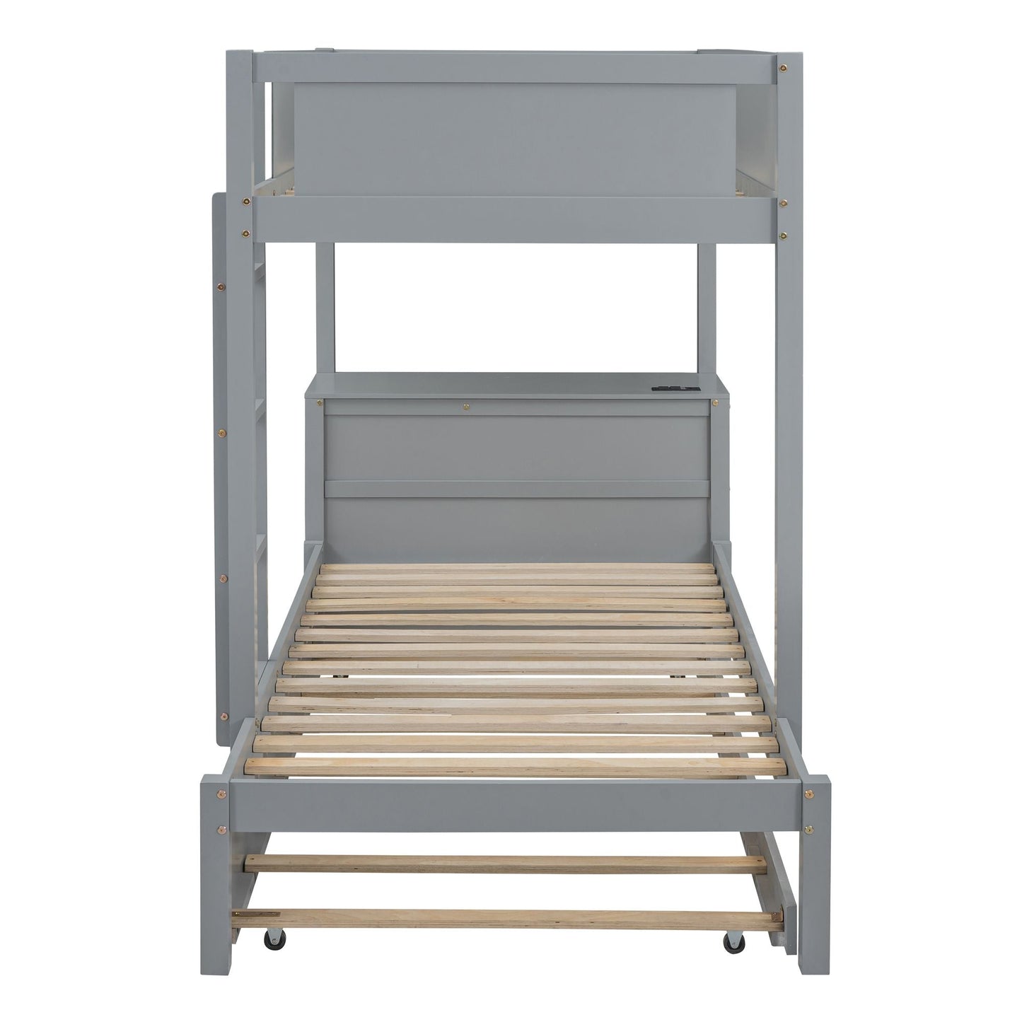 Space-Saving Twin Over Twin Wood Bunk Bed with Twin Trundle, Storage, Desk, Gray | Just Better Bunk Beds