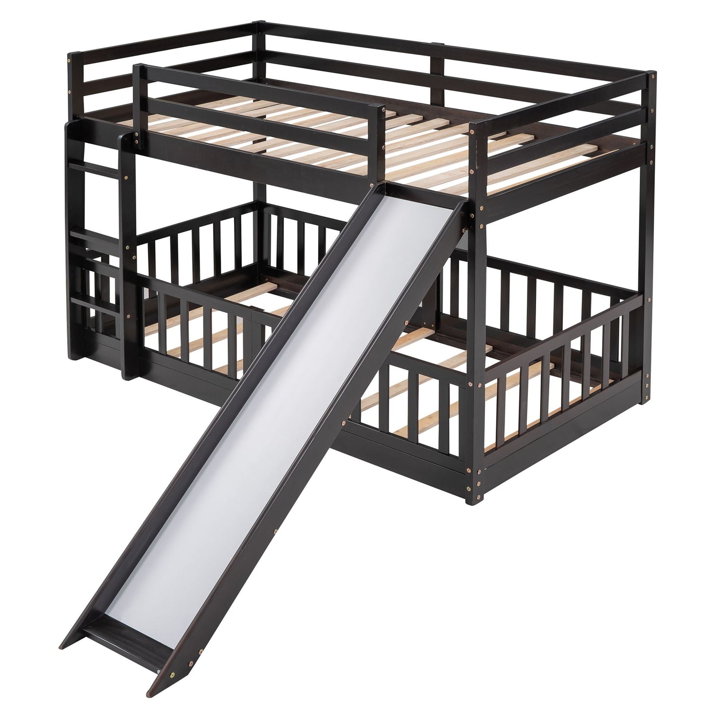 Kids Bedroom Twin Over Twin Wood Bunk Bed with Slide and Ladder, White | Just Better Bunk Beds